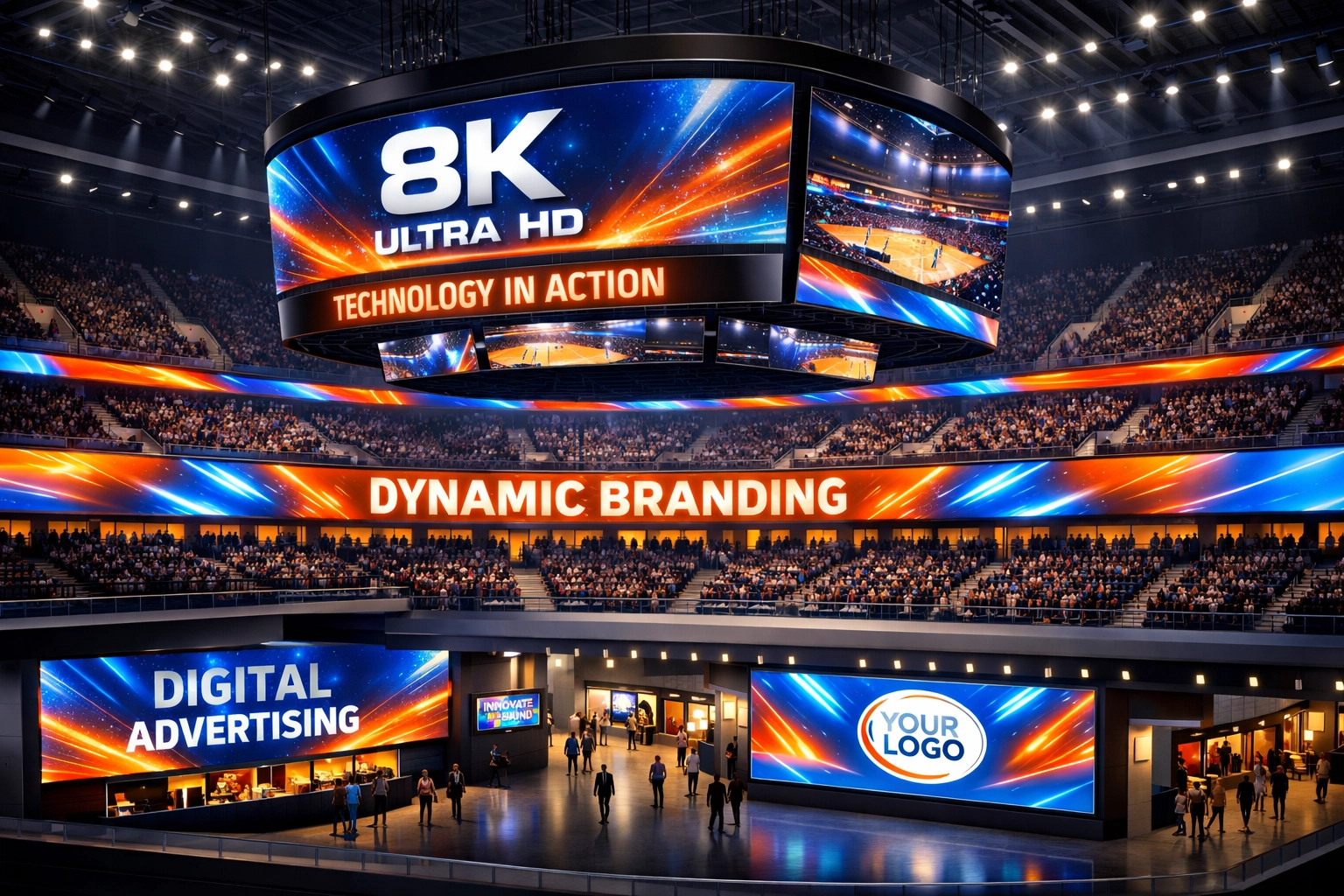 Modern stadium digital advertising technology featuring jumbotrons and LED display networks