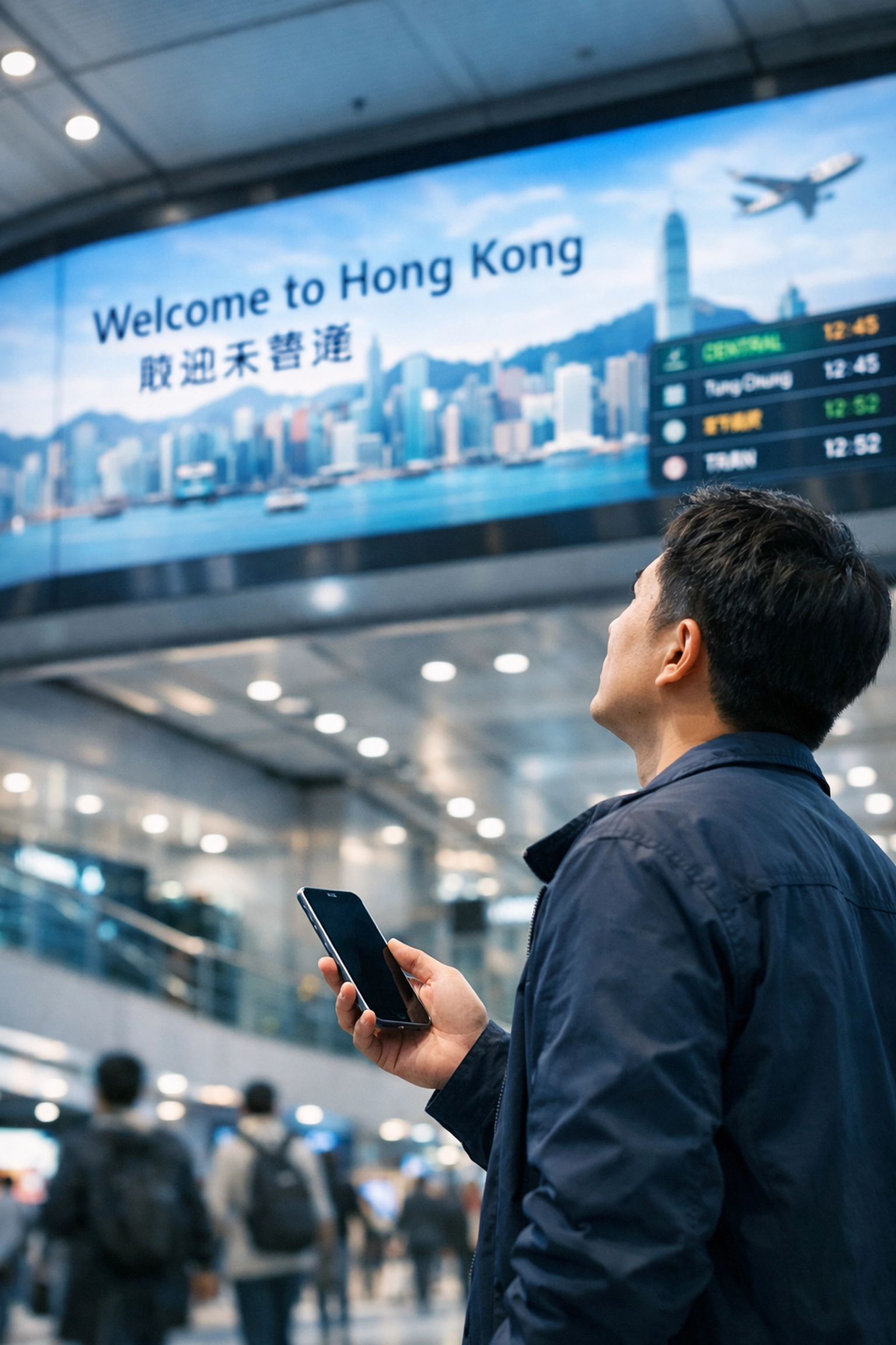 Commuter viewing a large digital display in a Hong Kong transit hub, connecting DOOH with mobile action.