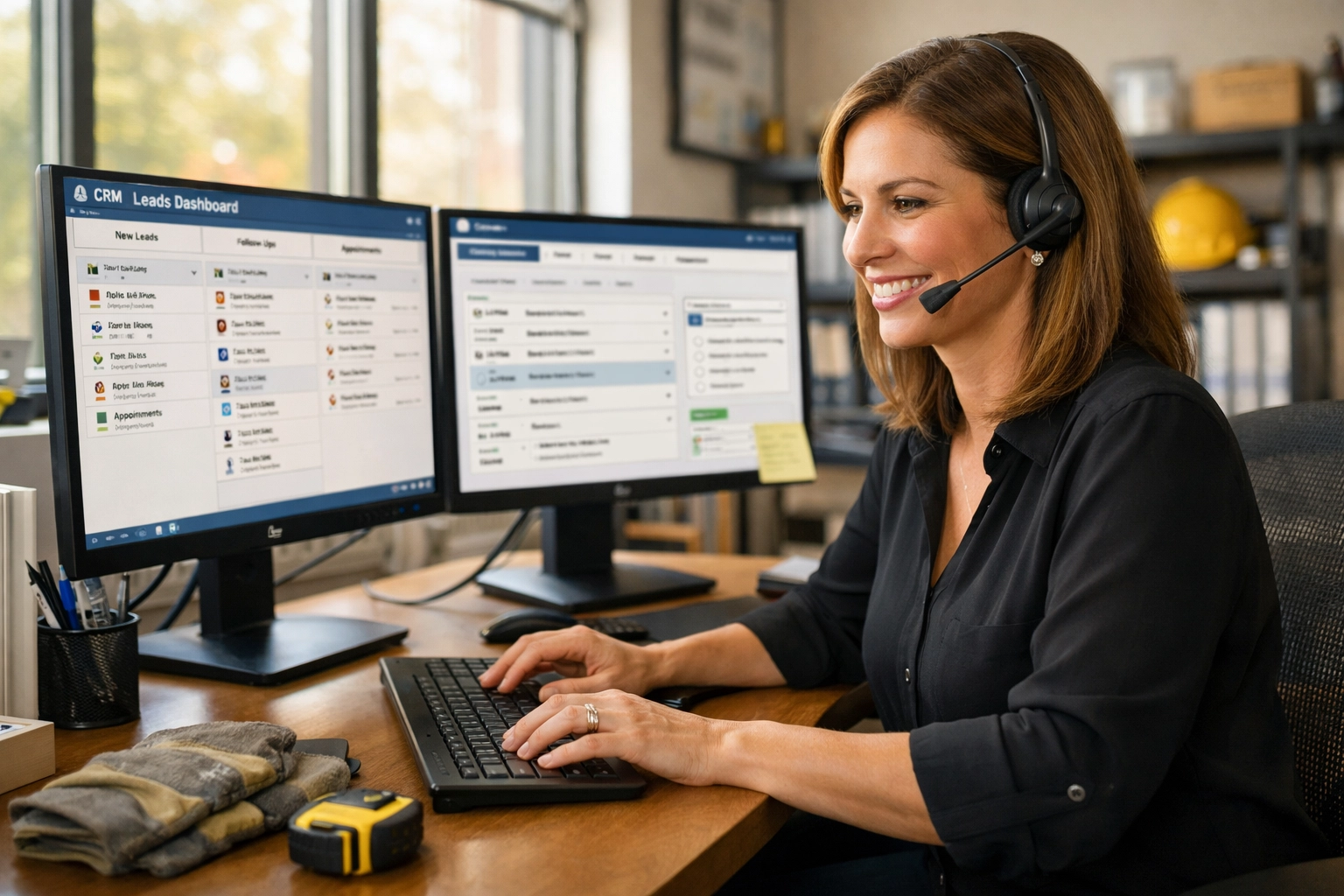 Trade service office coordinator using a CRM system for systematic contractor marketing lead follow-up.