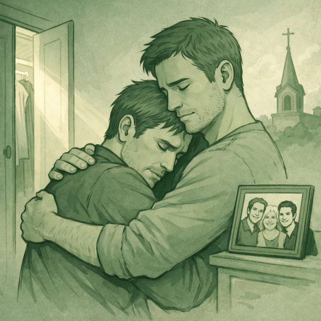 Two men embracing with coming out and faith journey symbols representing emotional MM romance themes