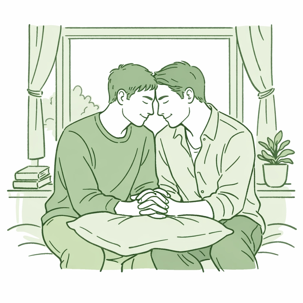 Hand-drawn illustration of two men sharing a quiet moment of emotional intimacy in heartfelt gay fiction.