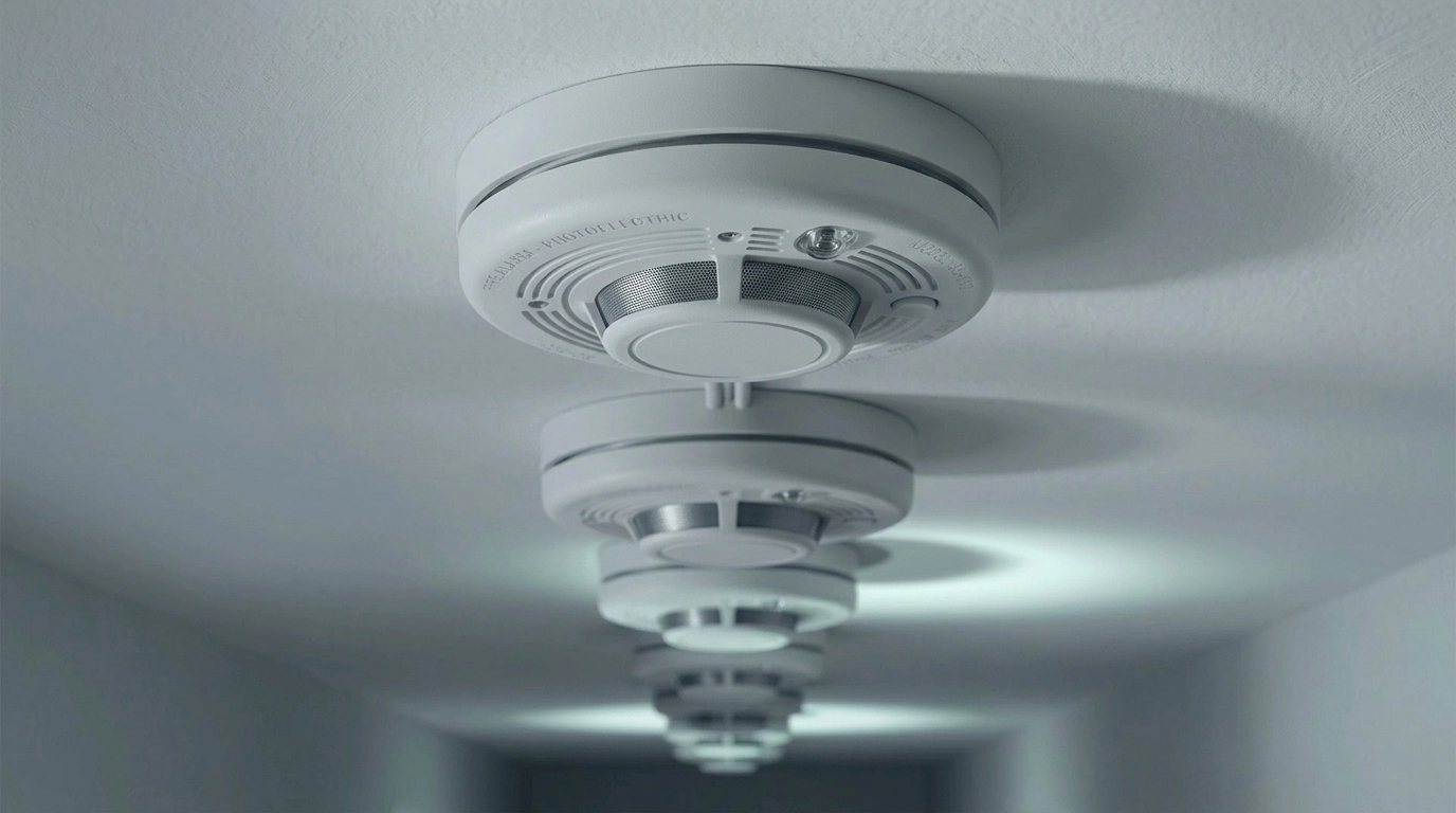 Interconnected smoke detectors in a residential hallway in a blue-tinted grayscale style