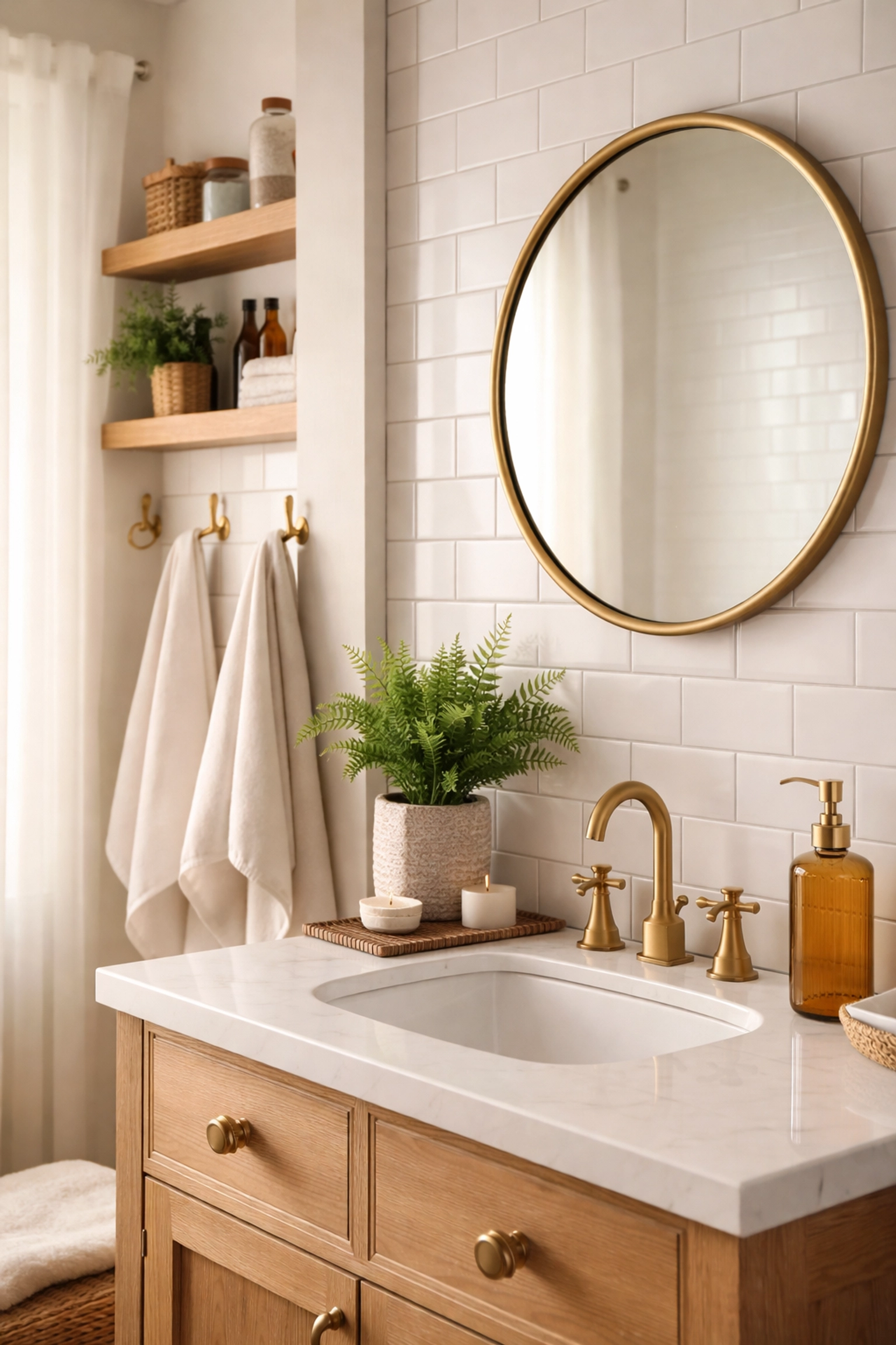Cozy bathroom interior with brass mirror, towel hooks, and fixtures that create a warm, inviting atmosphere.
