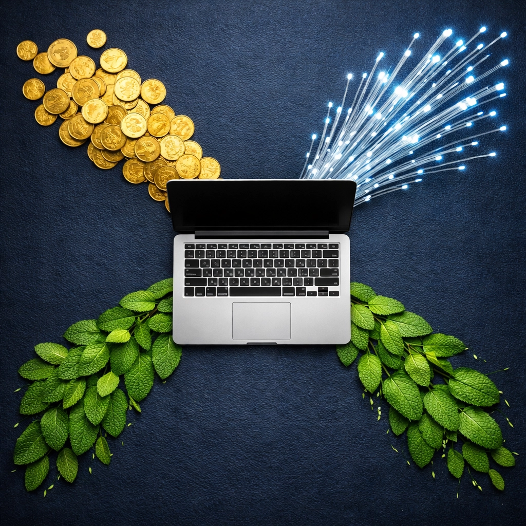 A laptop surrounded by streams of coins and greenery, representing multiple income streams and diversification.