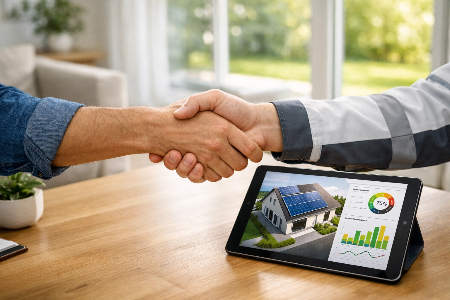 Trusted renewable energy expert and homeowner shaking hands over a detailed solar energy installation plan.