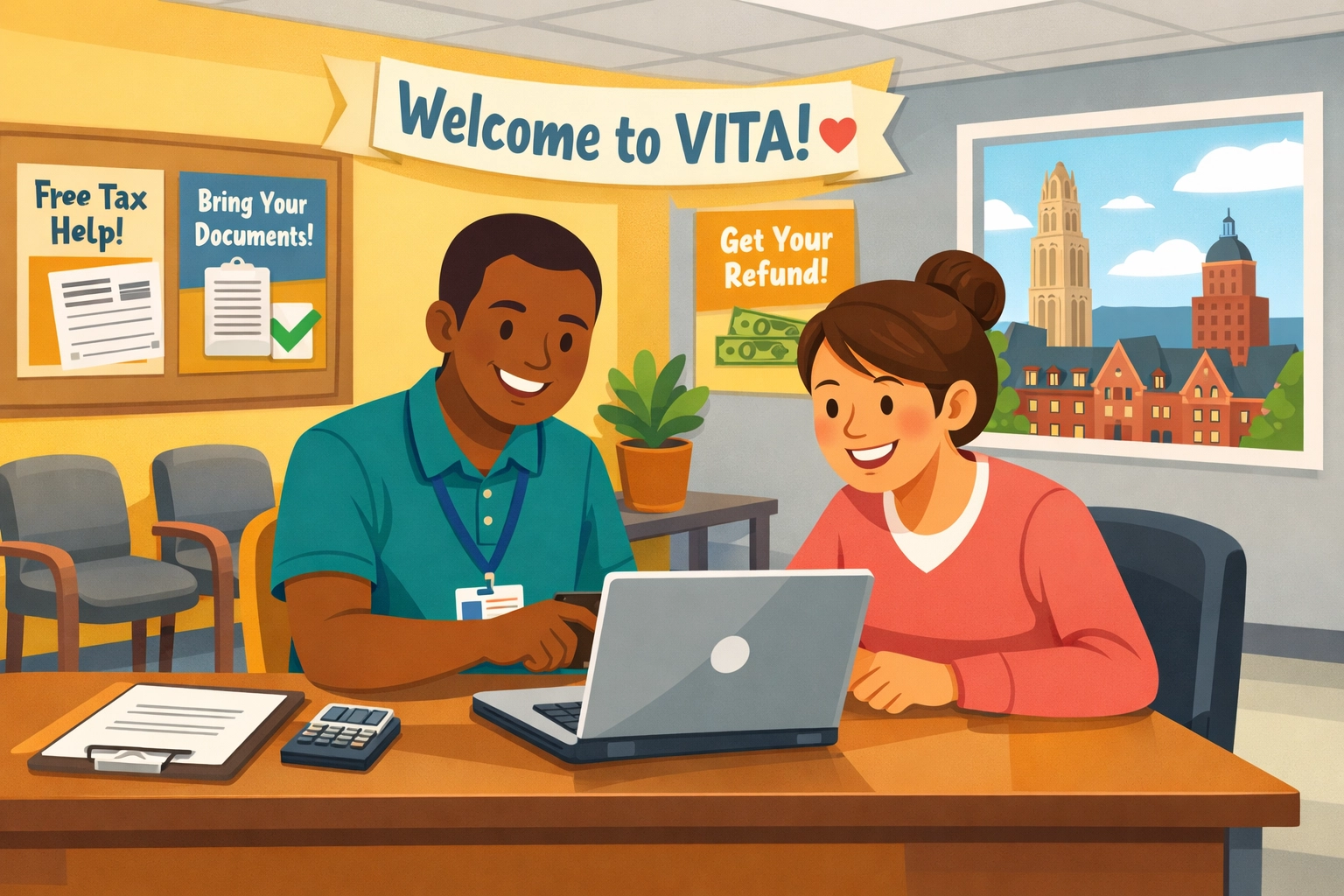 VITA volunteer providing free tax preparation assistance to New Haven taxpayer
