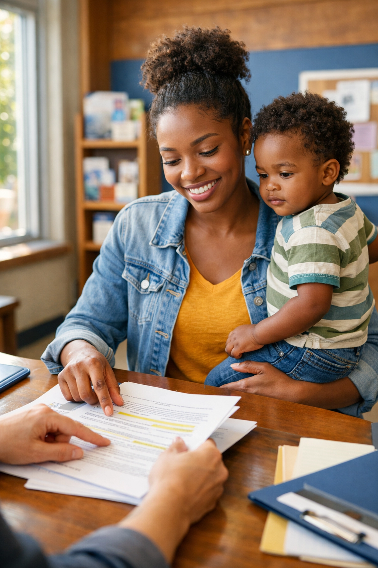 Mother and child meeting with caseworker to apply for family assistance programs in NJ