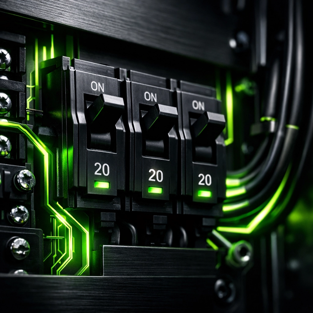 Professional electrical breaker panel with glowing green light representing expert wiring and code compliance.