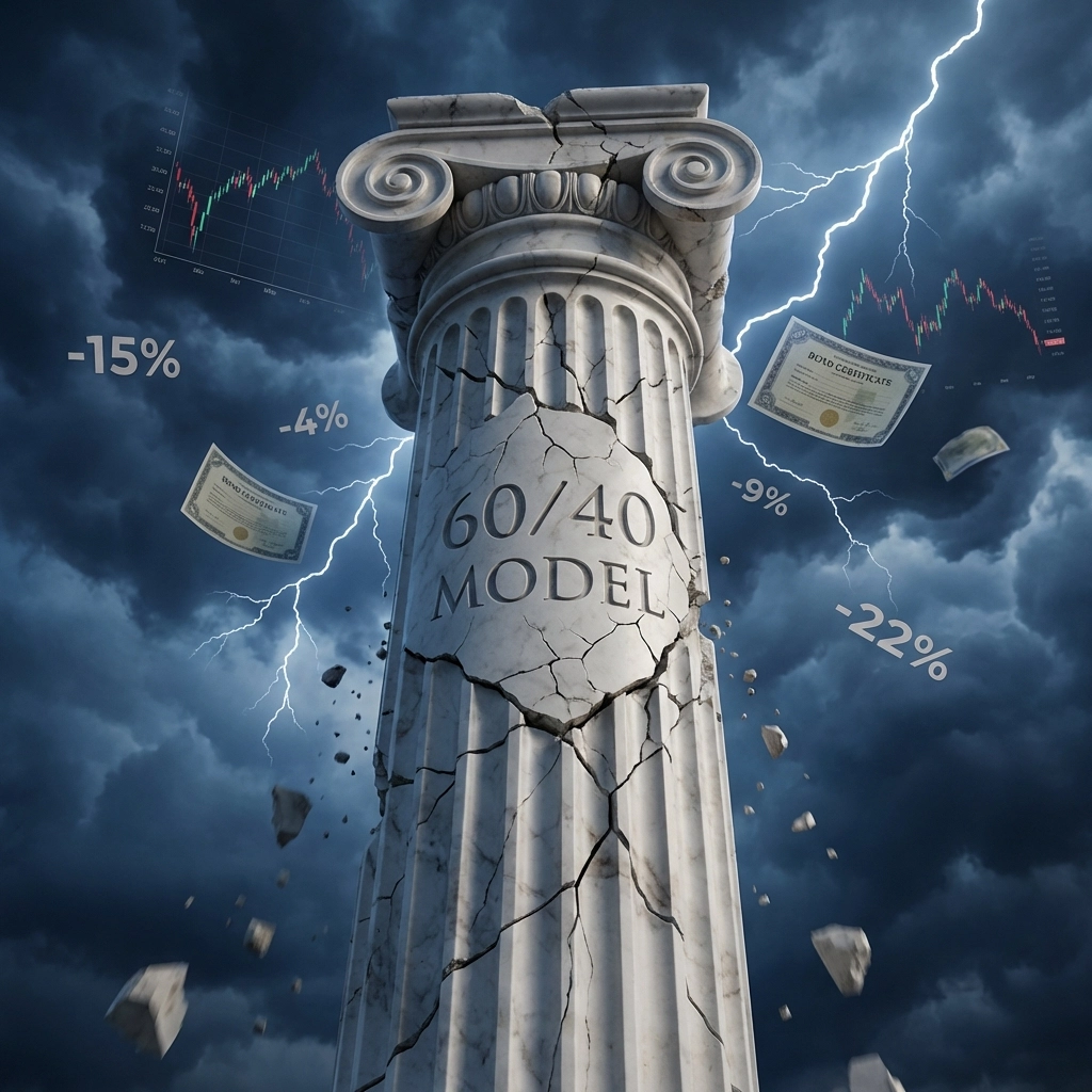 Crumbling Greek column under storm clouds, symbolizing the instability of the traditional 60/40 investment portfolio.