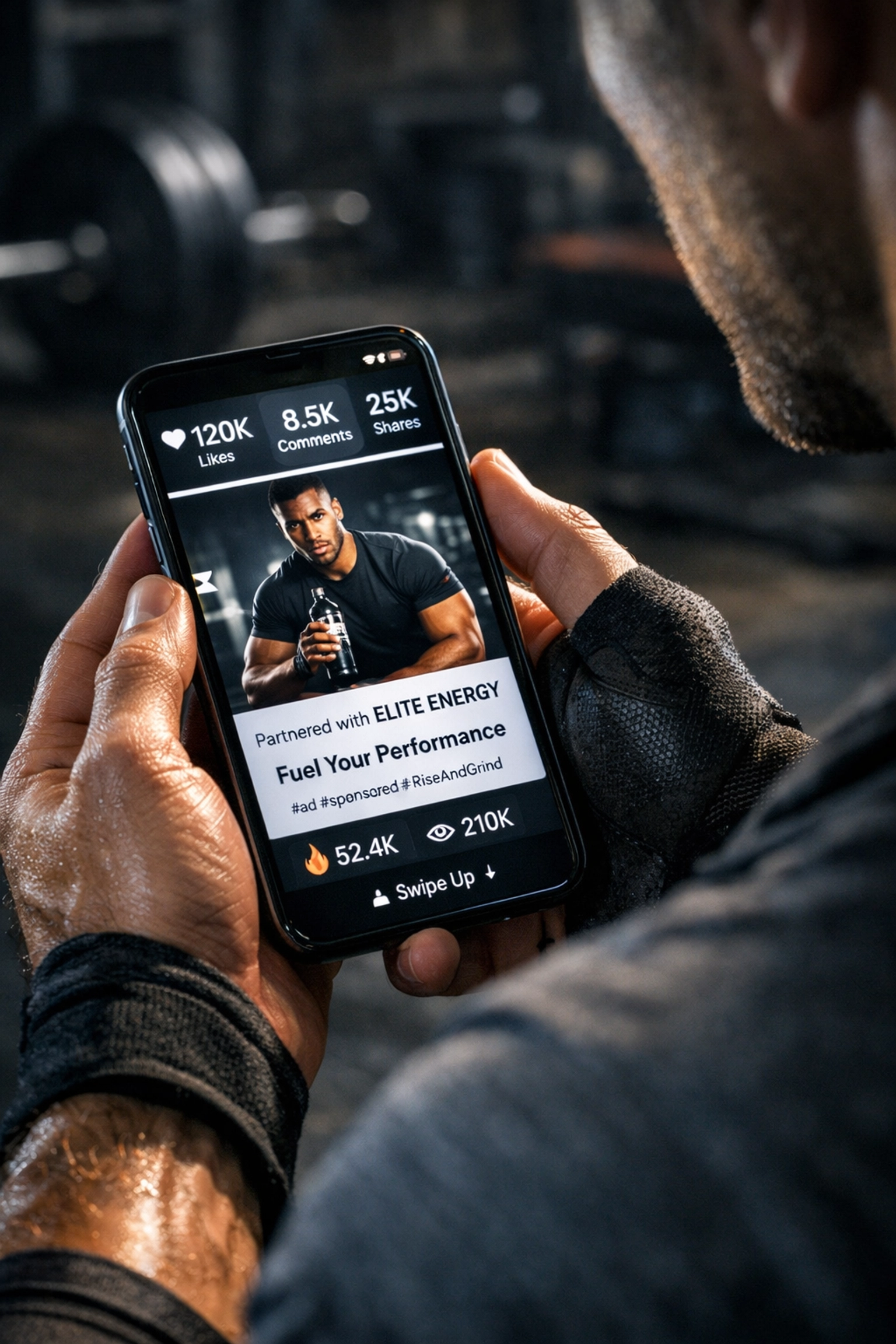 Athlete checking social media engagement metrics for brand partnership content on smartphone