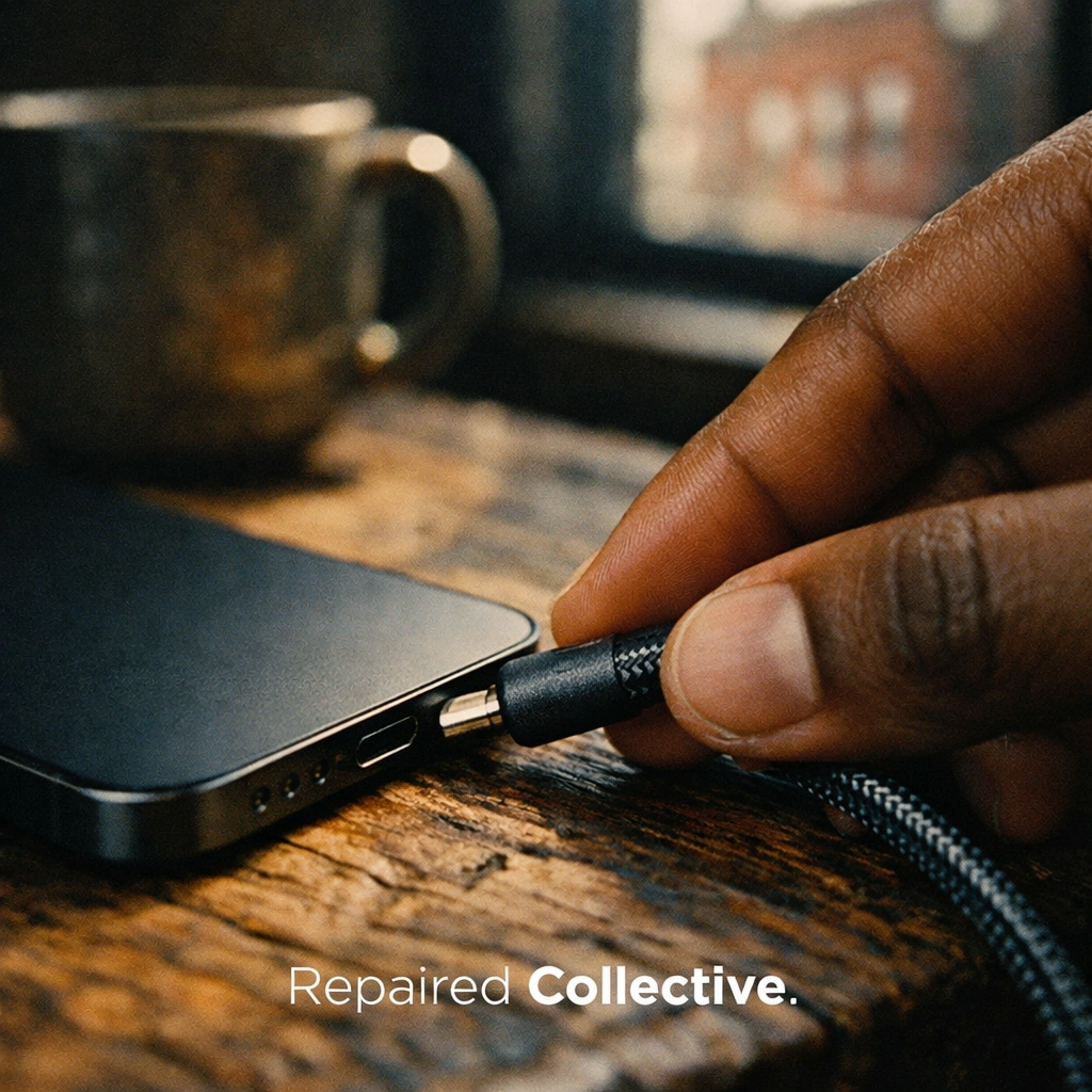 Plugging a charging cable into an iPhone to fix a black screen of death and power issues.