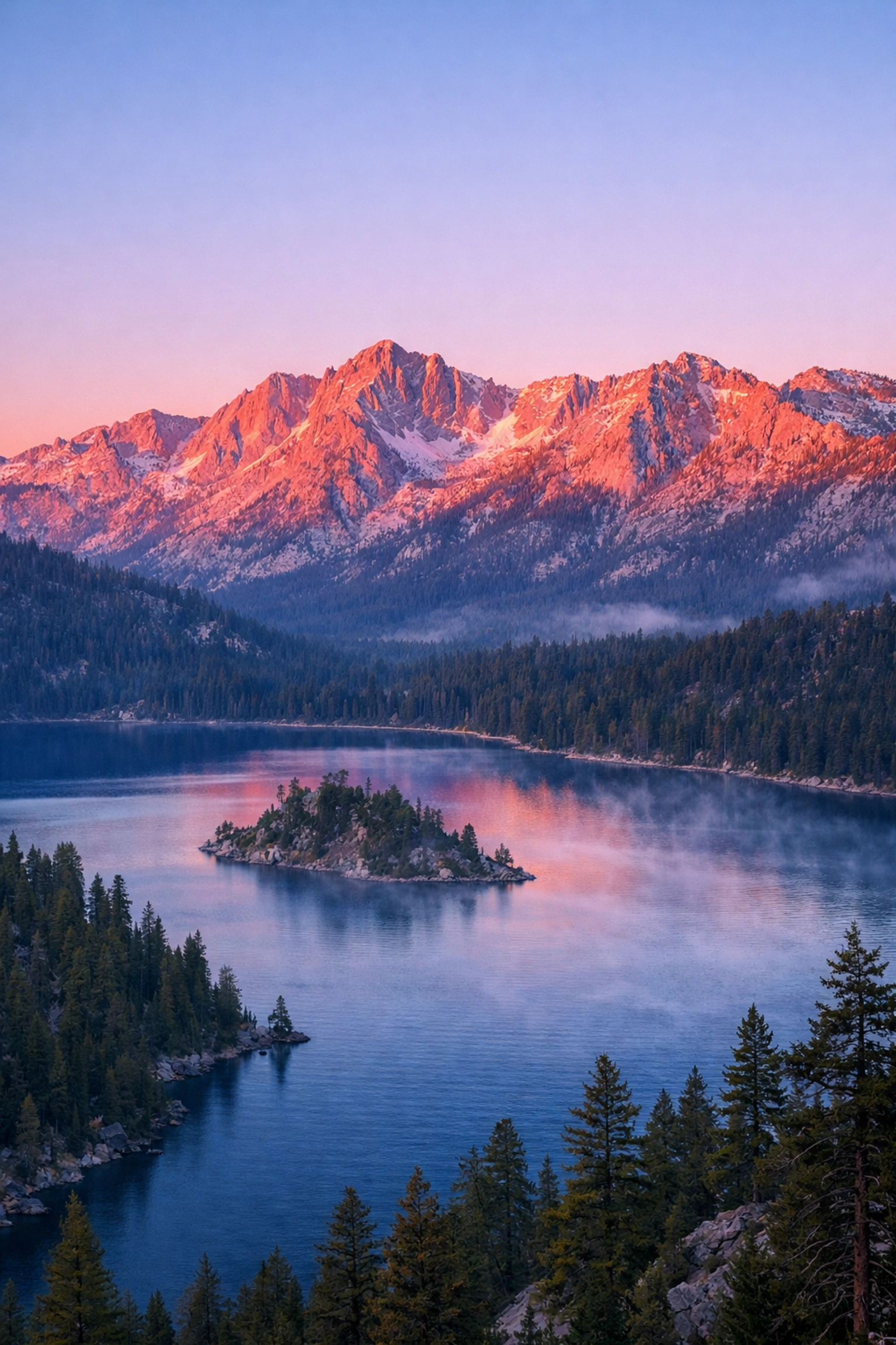 Golden sunrise Alpenglow illuminating the Sierra Nevada mountains surrounding Emerald Bay, Lake Tahoe.