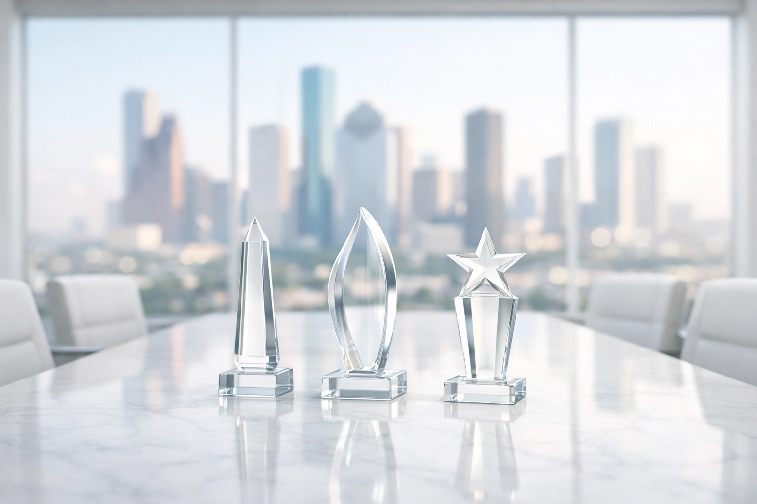 Glass trophies in a modern office overlooking the Houston skyline, representing White Picket Realty’s award-winning expertise.