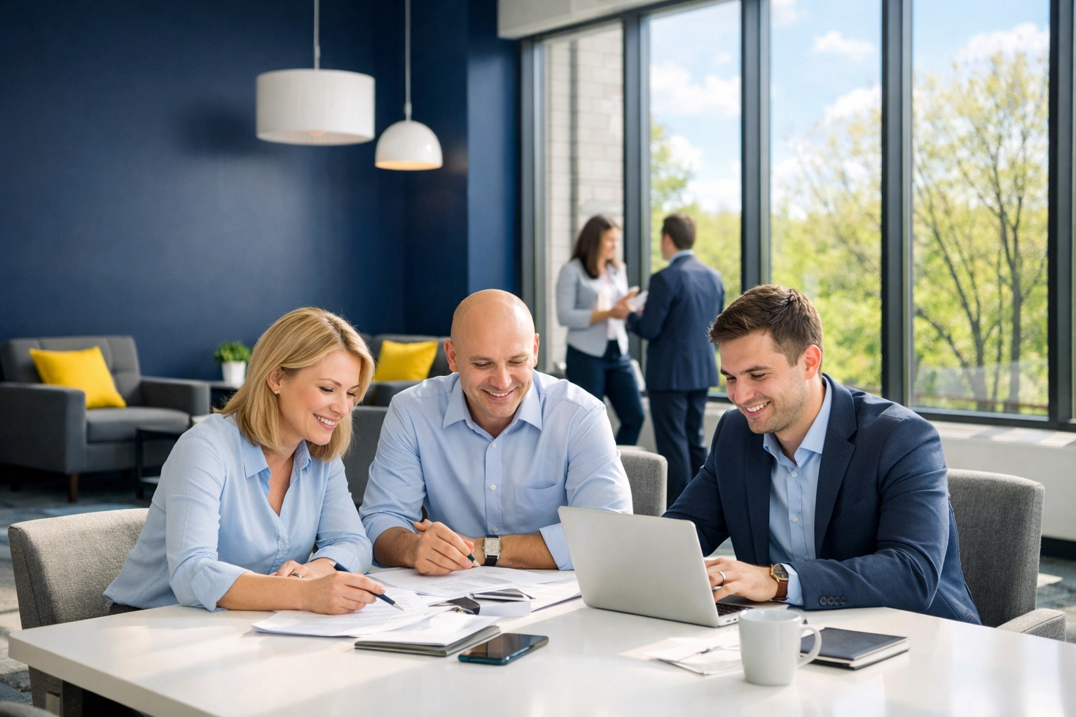 Professionals working at a clean communal table in a bright Marlborough office space.