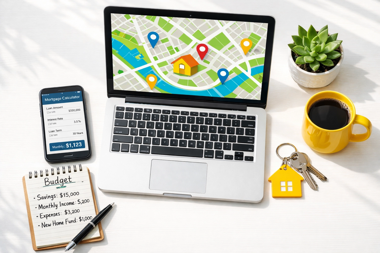 Home buying planning desk with mortgage calculator and neighborhood map research