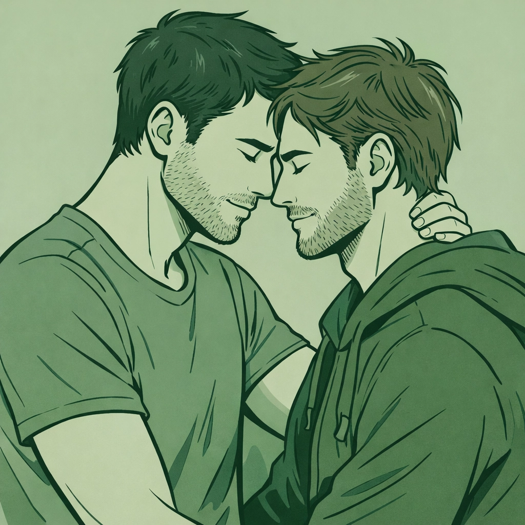 Heartfelt M/M romance art showing a tender romantic connection between two men in a minimalist style.