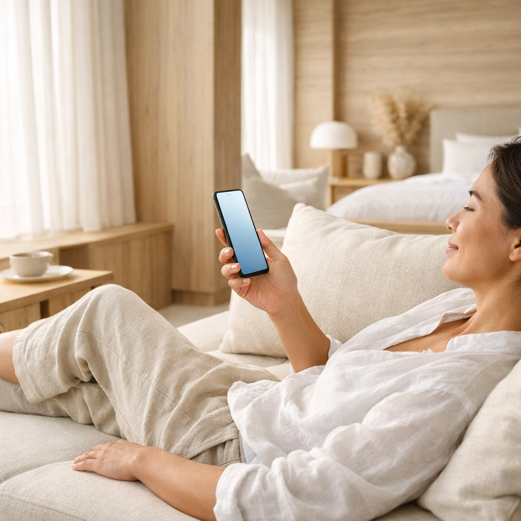 A relaxed hotel guest using a smartphone to manage room service requests via AI hospitality software.