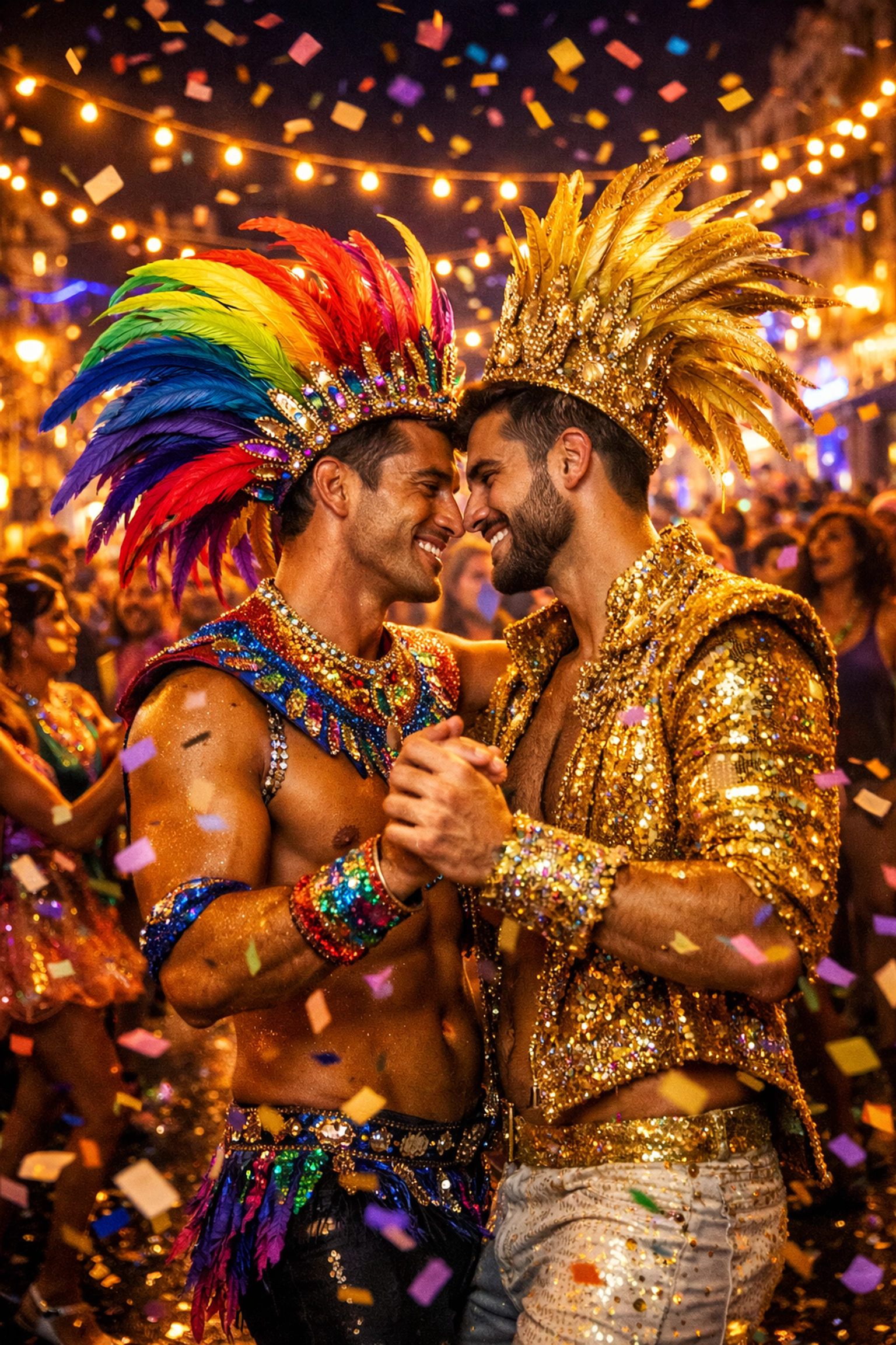 Two men dancing in Carnival costumes at Rio celebration showcasing MM romance inspiration