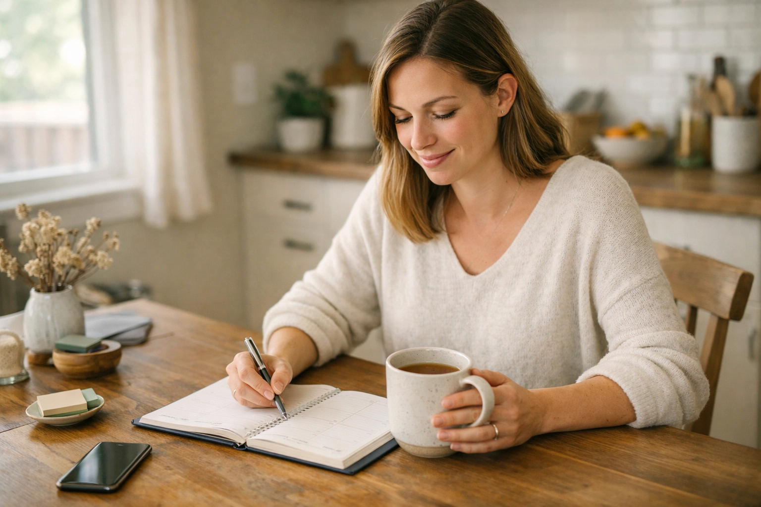 A woman in a calm, organized home setting, reflecting stability and support for a surrogacy journey.