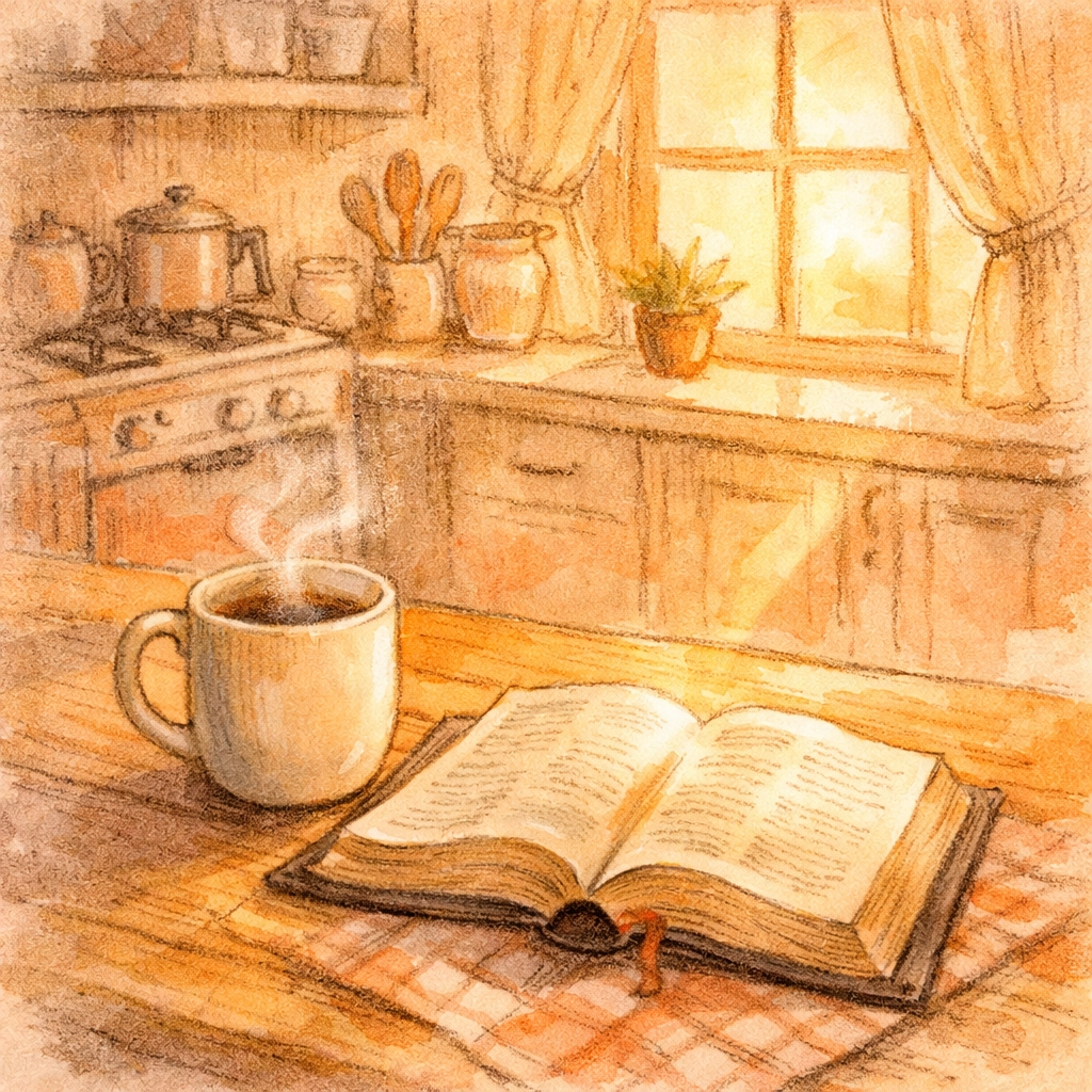 Morning devotional with coffee and open Bible in peaceful sunrise light