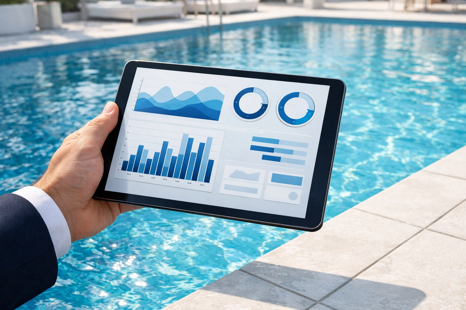 Pool routes for sale featured image showing pool service CRM software on a tablet with digital service logs.