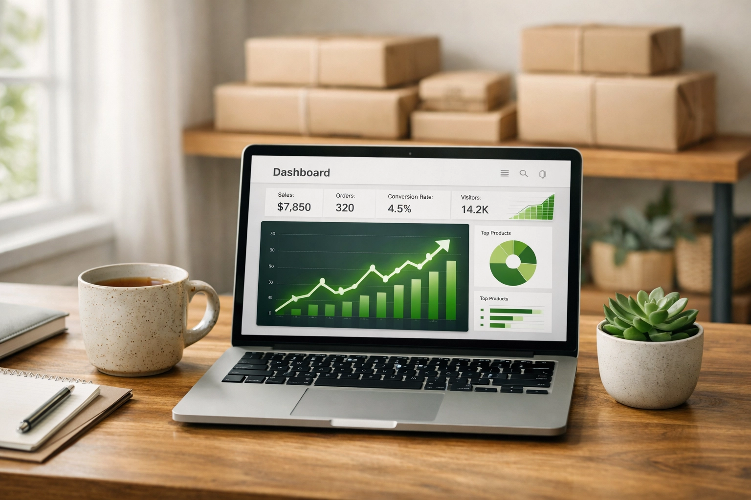 Organized UK e-commerce workspace with a laptop and parcels, highlighting efficient Shopify and Wix virtual assistant support.