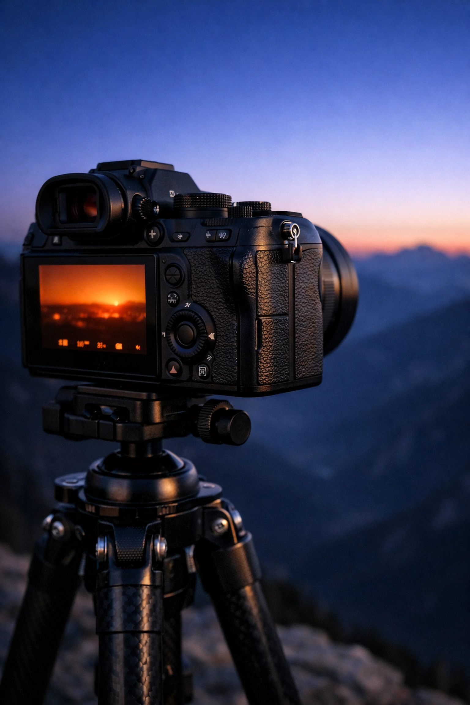 Professional camera on a tripod at a mountain overlook used to capture sharp landscapes.
