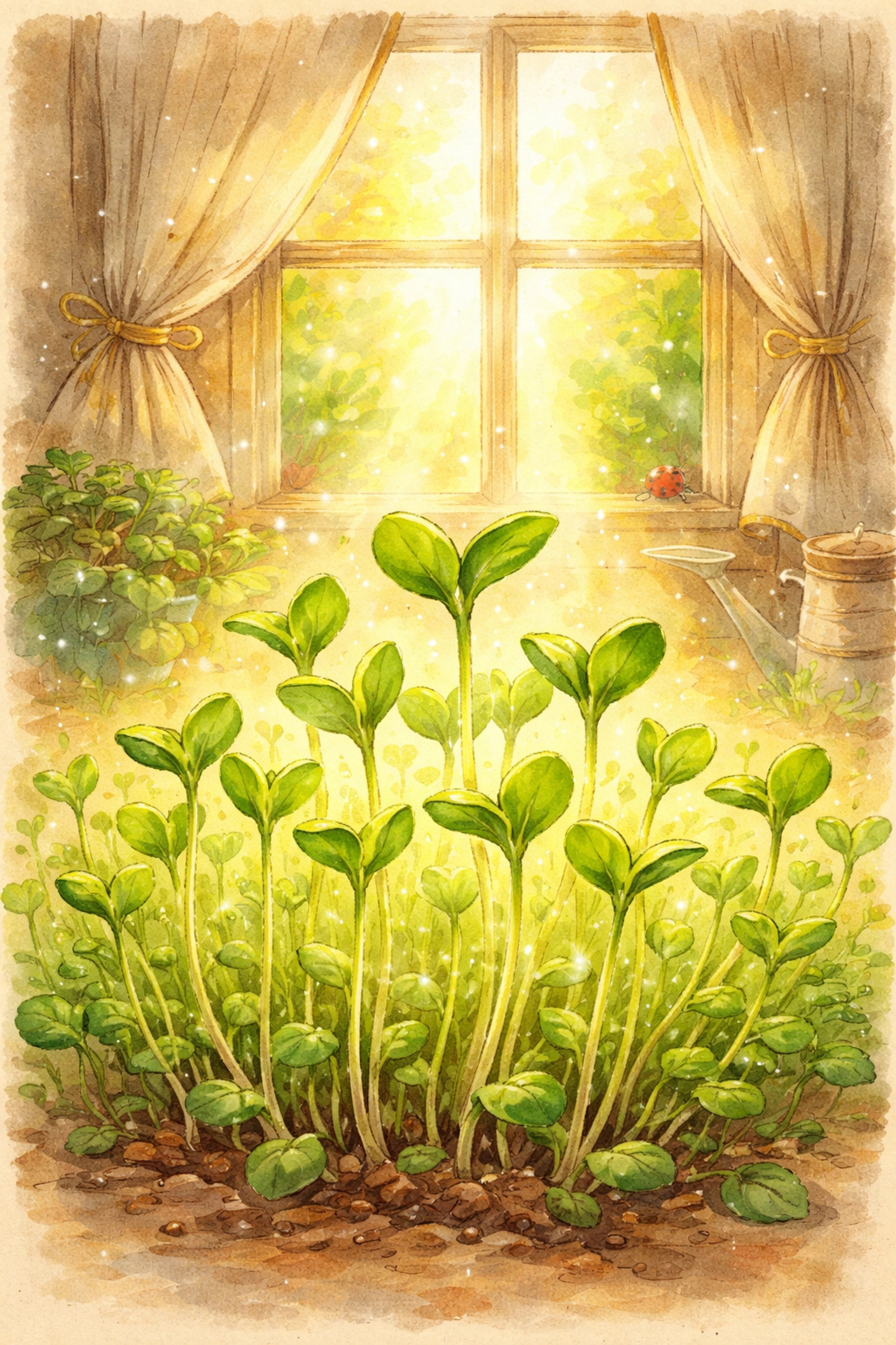Sprouts of microgreens reaching for sunlight as they turn green on a windowsill, illustrating photosynthesis