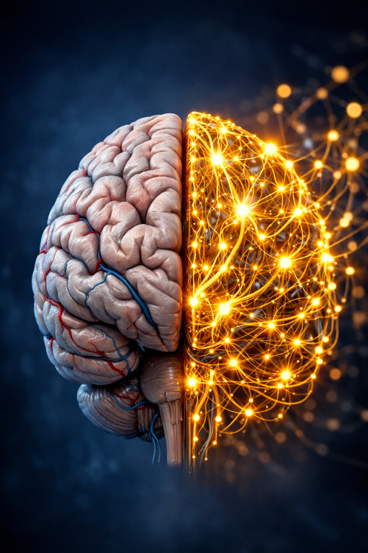 Visualization of a human brain showing anatomical structure and glowing neural pathways representing cognitive reserve.