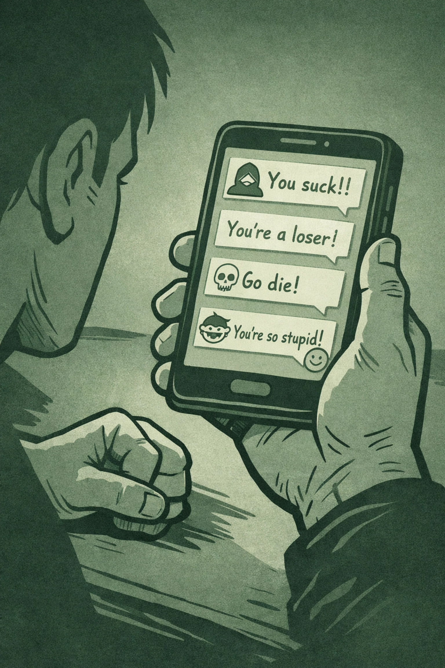 Anonymous troll messages on phone screen depicting LGBTQ+ online harassment and digital betrayal