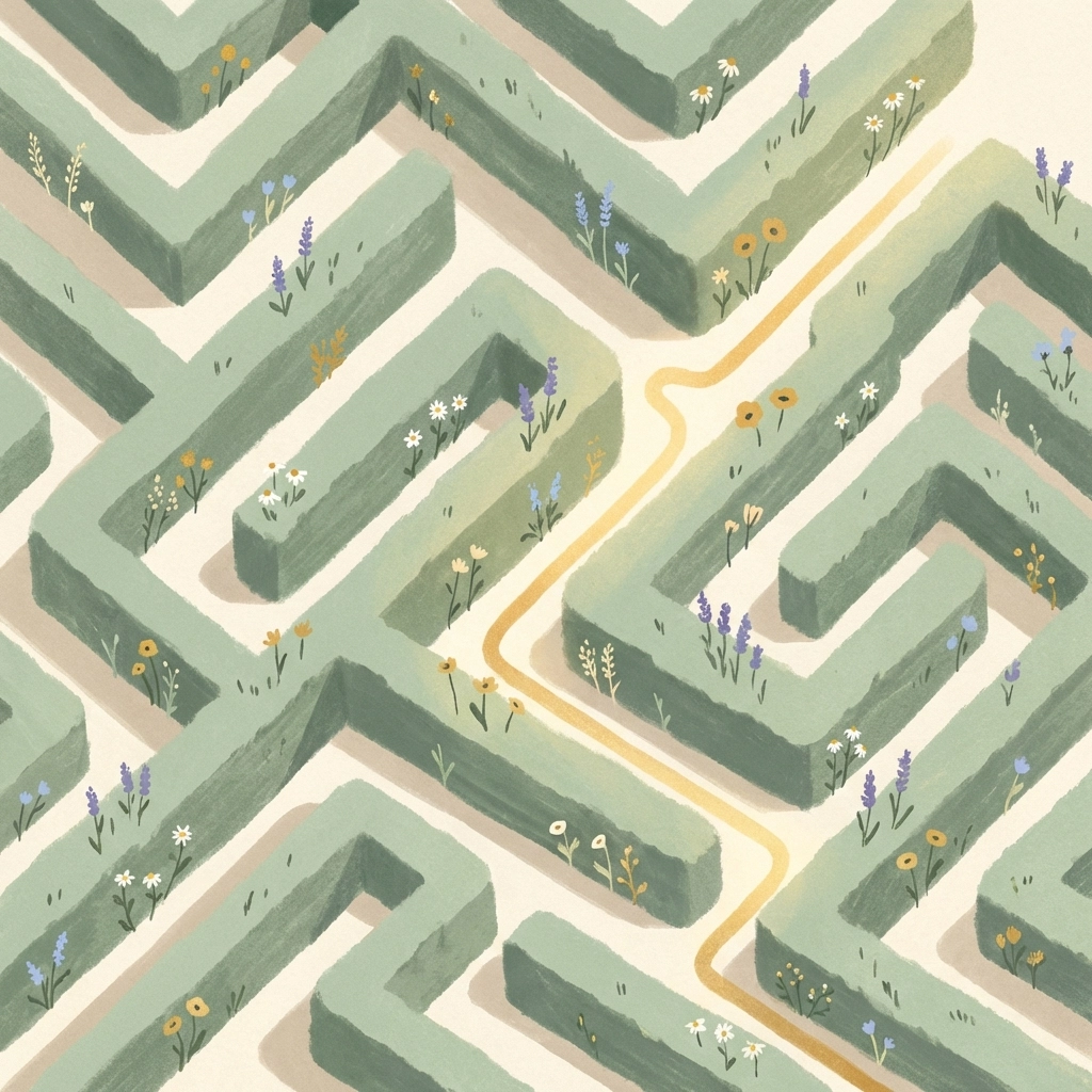 A maze of green hedges with a clear golden path, illustrating finding clarity when seeking evidence-based holistic treatments.