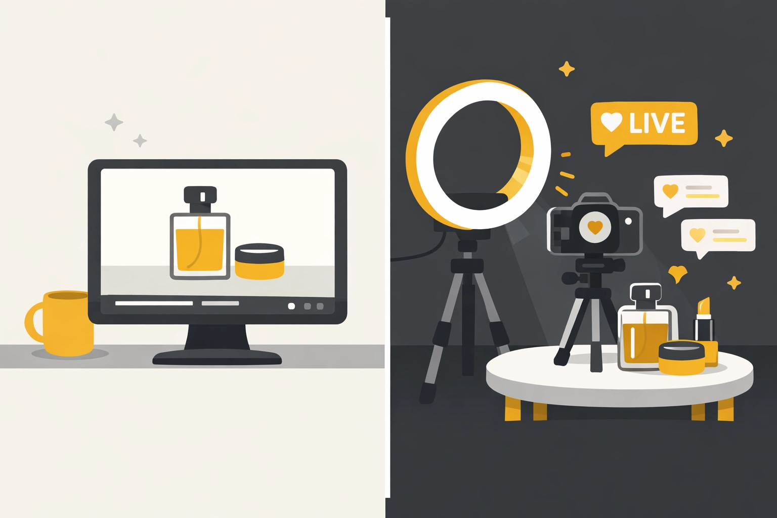 Live stream shopping setup with ring light and camera compared to traditional e-commerce display