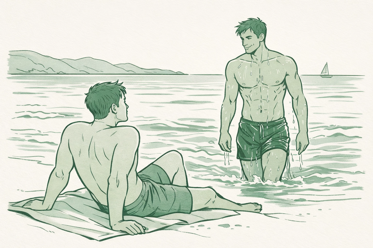 Two men meeting on gay-friendly Elia Beach Mykonos, first encounter MM romance moment in Aegean waters