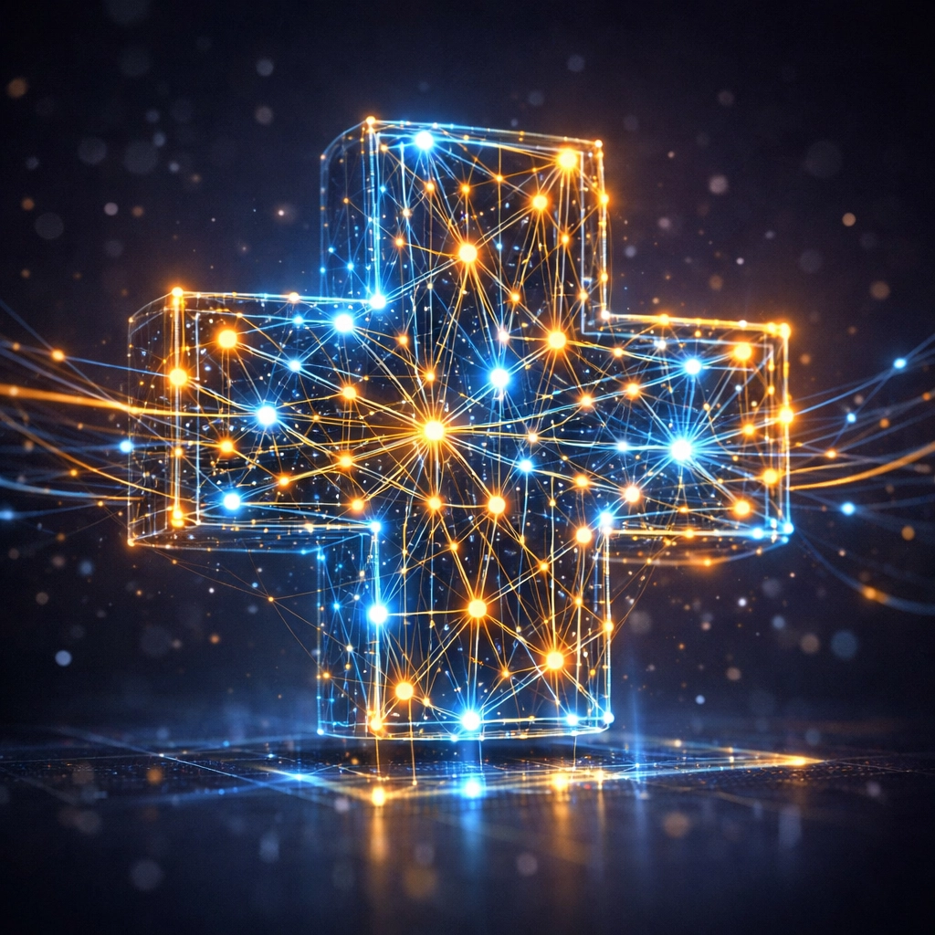 A holographic medical cross representing AI search optimization and data-driven healthcare marketing strategies.