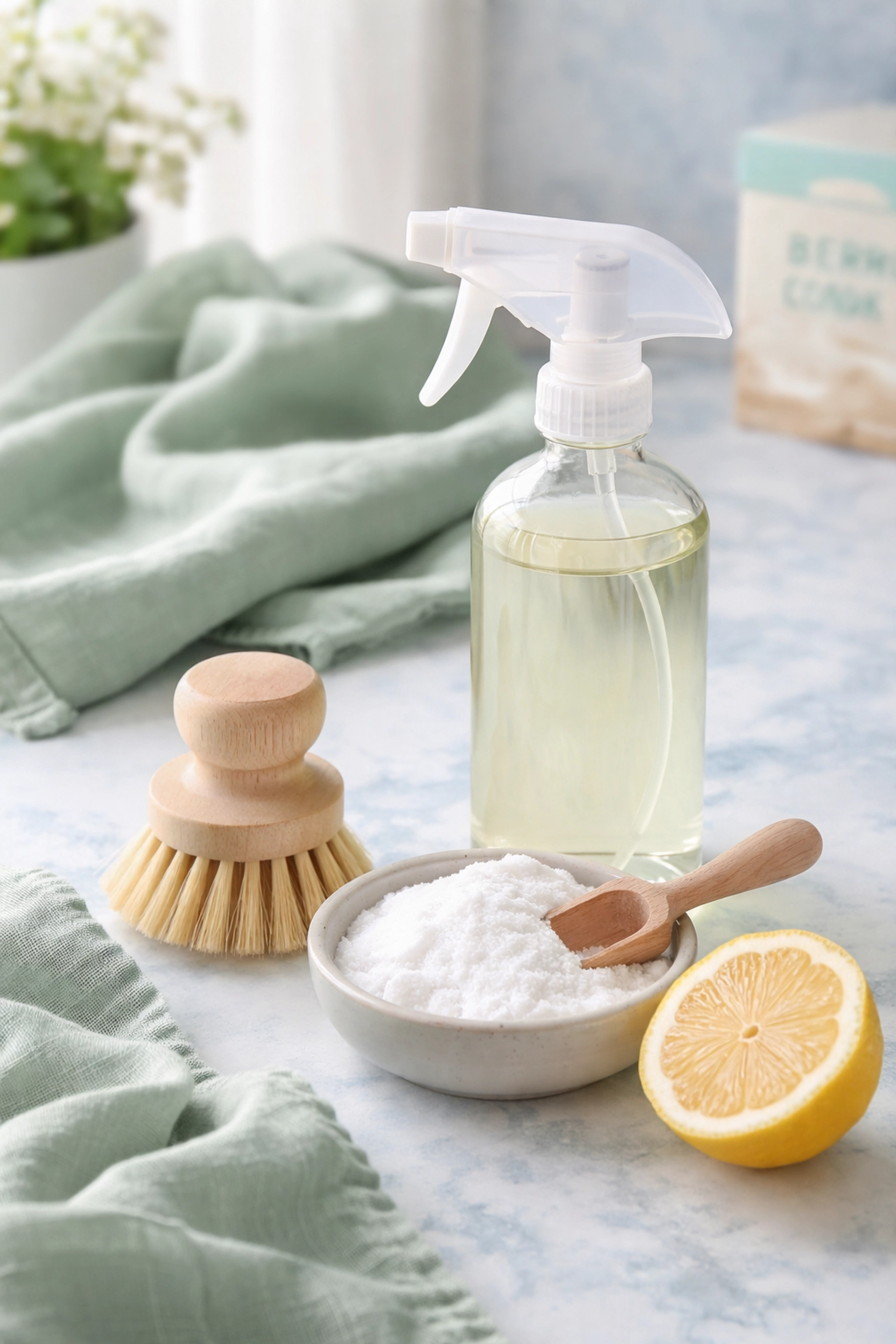 Natural cleaning supplies like baking soda, lemon, and a glass spray bottle on a light blue countertop for eco-friendly pet-safe cleaning.
