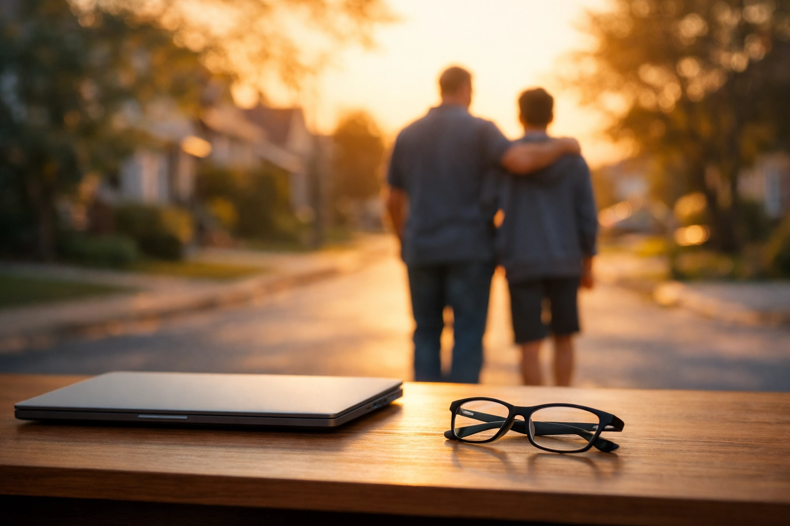 Father and teenage son walking together at sunset, symbolizing business balance and parental presence.