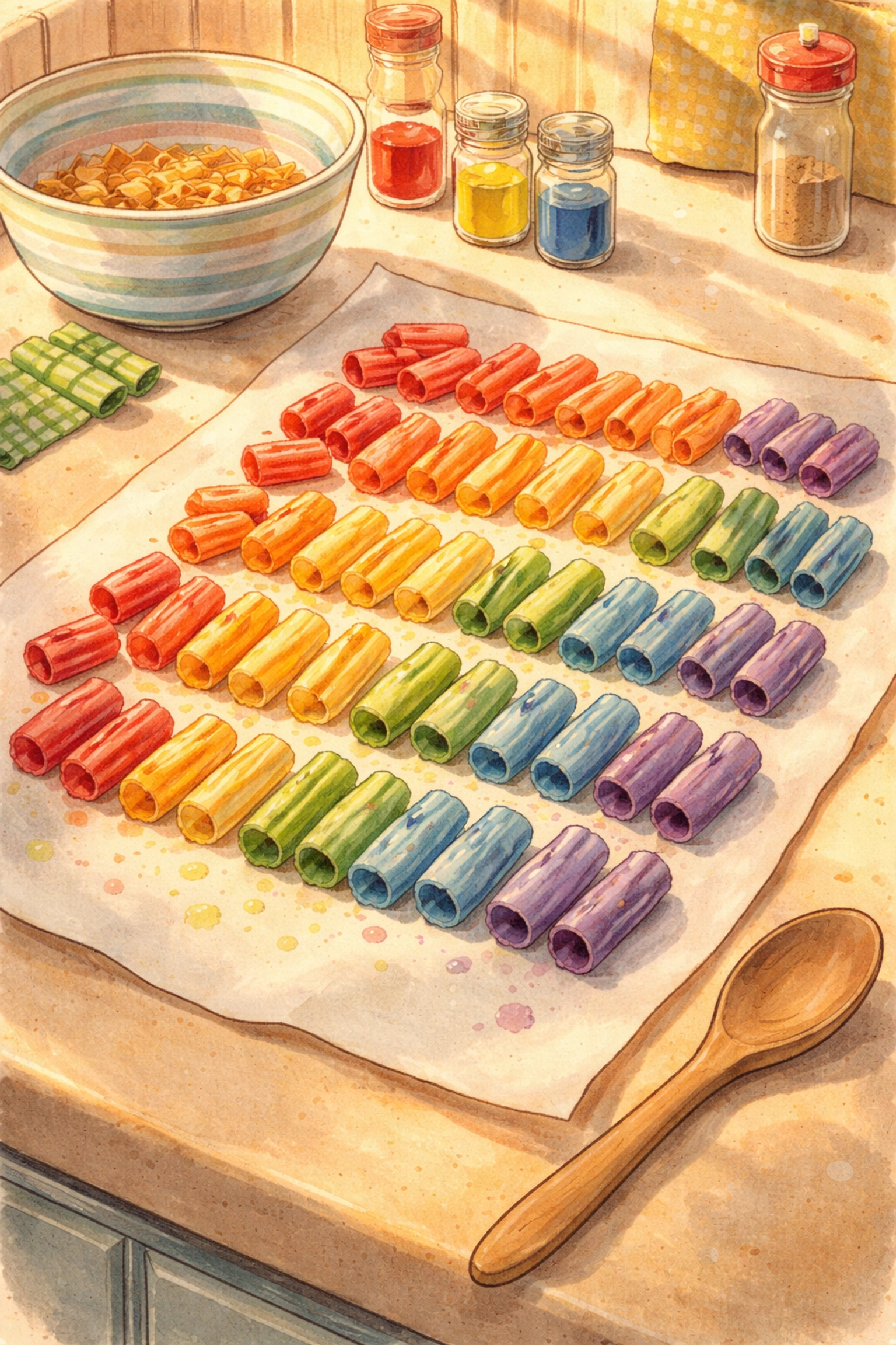 Vintage-style drawing of rainbow-dyed pasta pieces spread on parchment paper, drying in rows for a kids craft necklace project.
