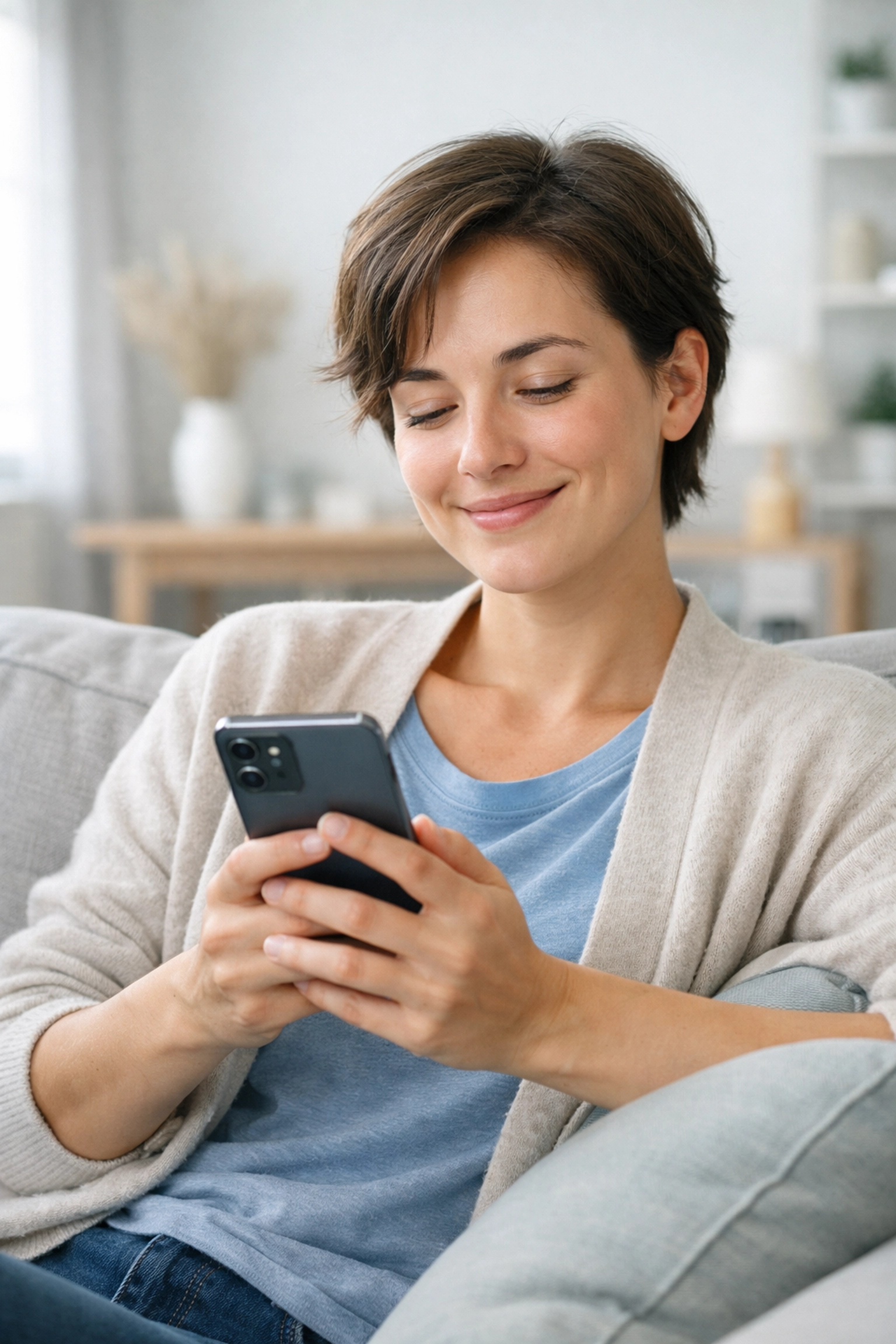 Relieved person using a smartphone for an instant loan in Canada without a credit check.