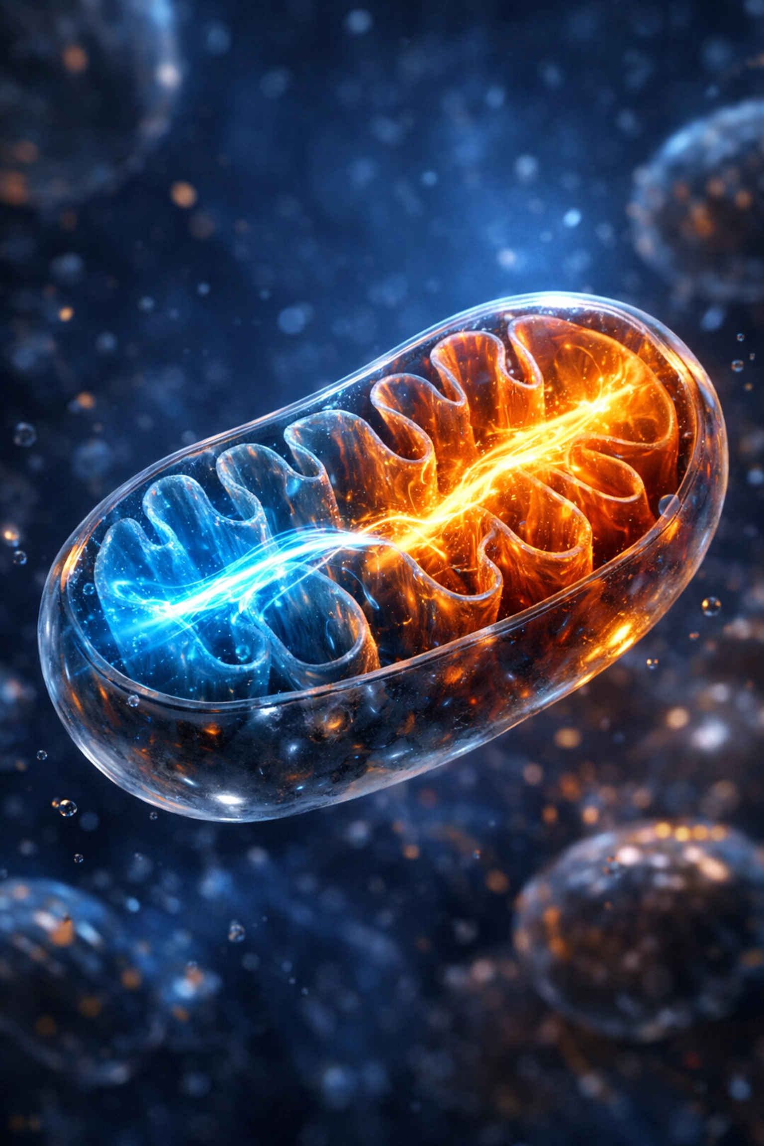 Microscopic view of a mitochondrion converting glucose and fat into cellular energy.