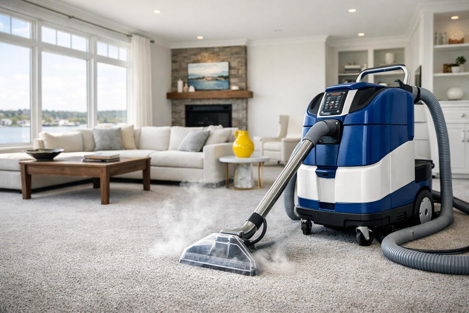 Professional steam cleaner performing hot water extraction on a modern grey carpet in Lunenburg.
