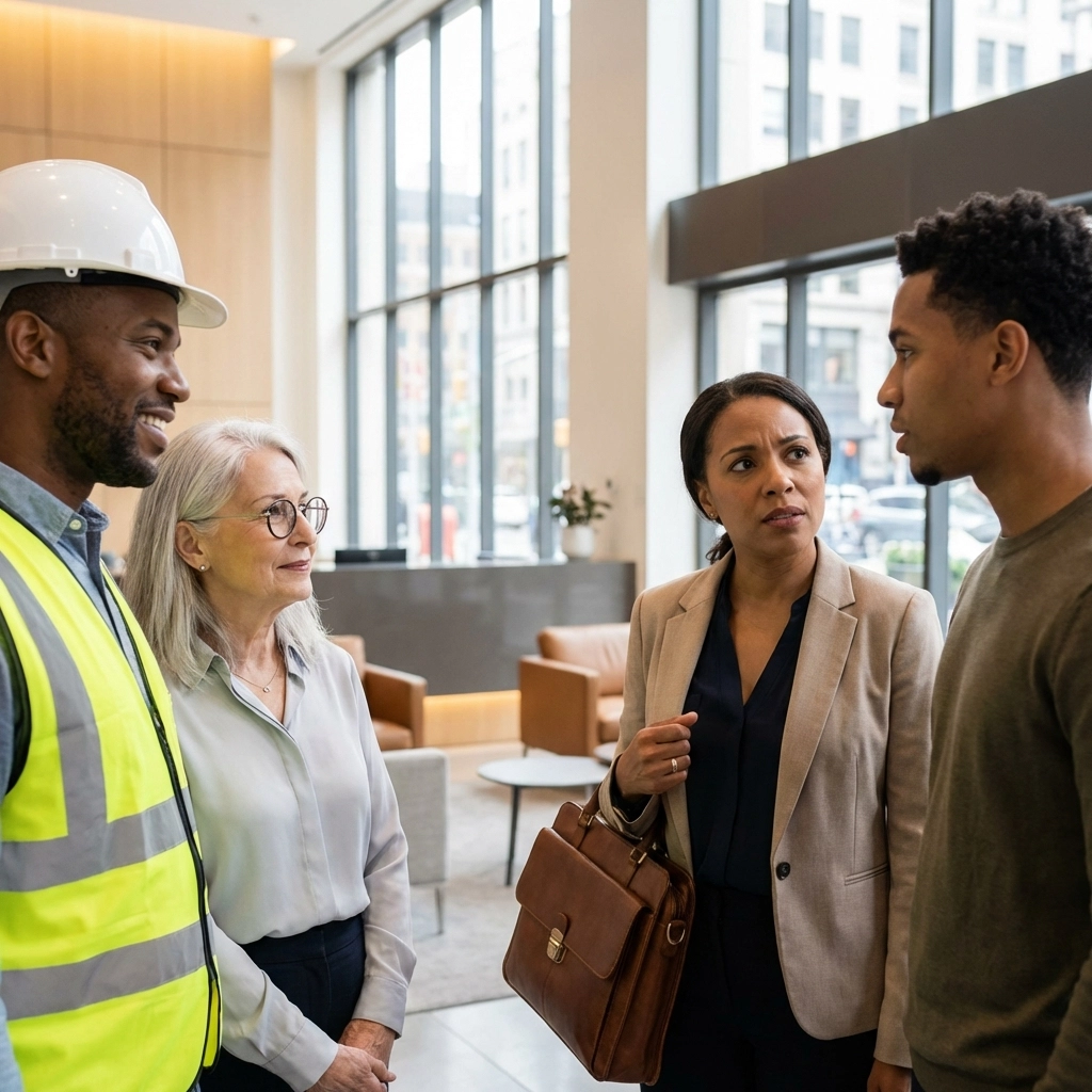 Diverse group in a welcoming insurance office, illustrating who qualifies for no medical exam life insurance coverage.