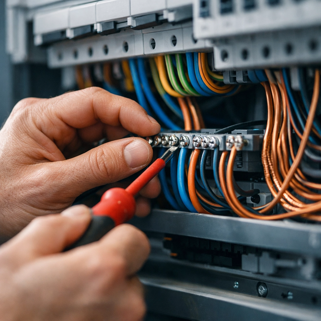 Electrician working on electrical panel with organized wires showing professional expertise