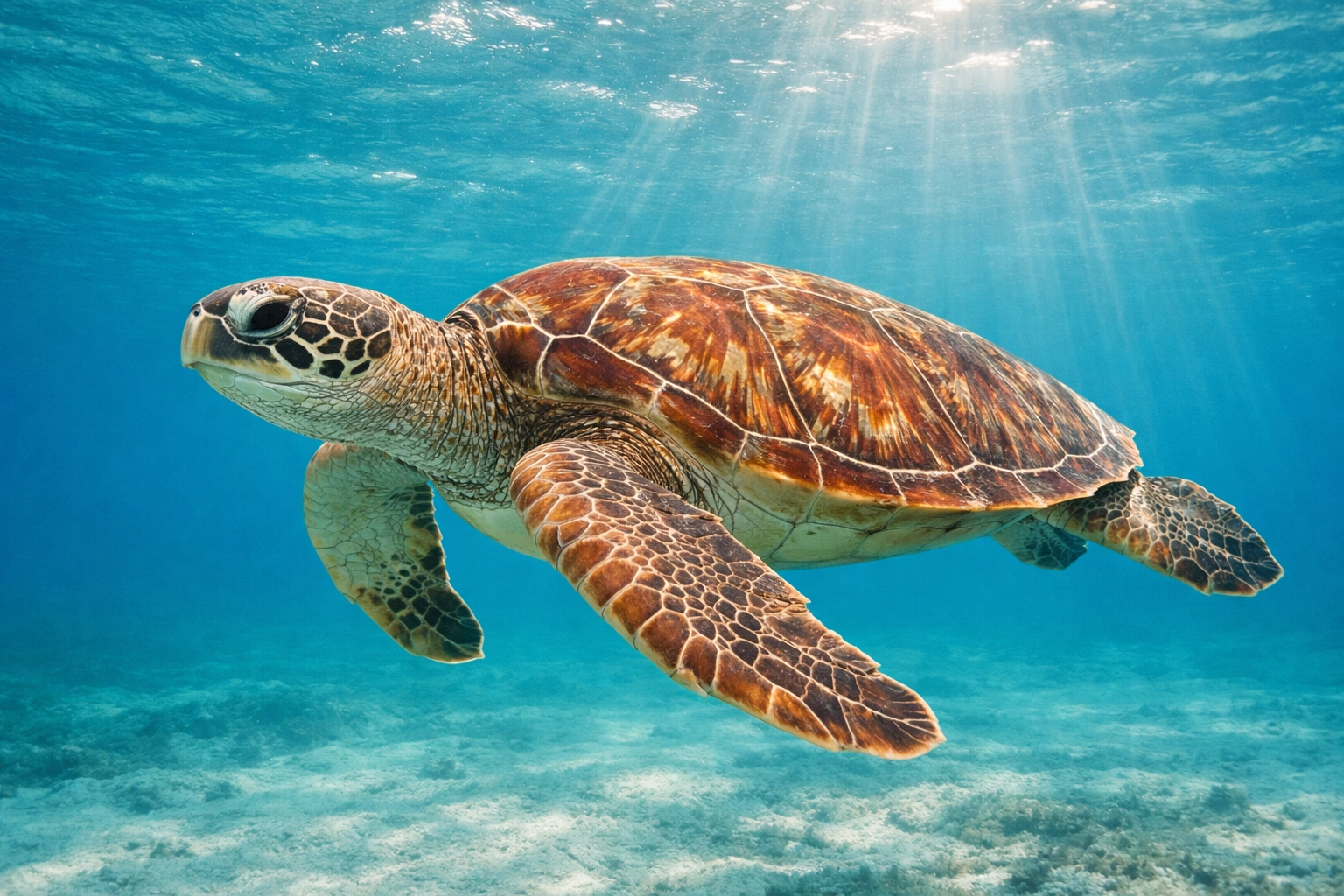 High-resolution photo of a Green Sea Turtle swimming in clear water for authentic aquarium marketing.