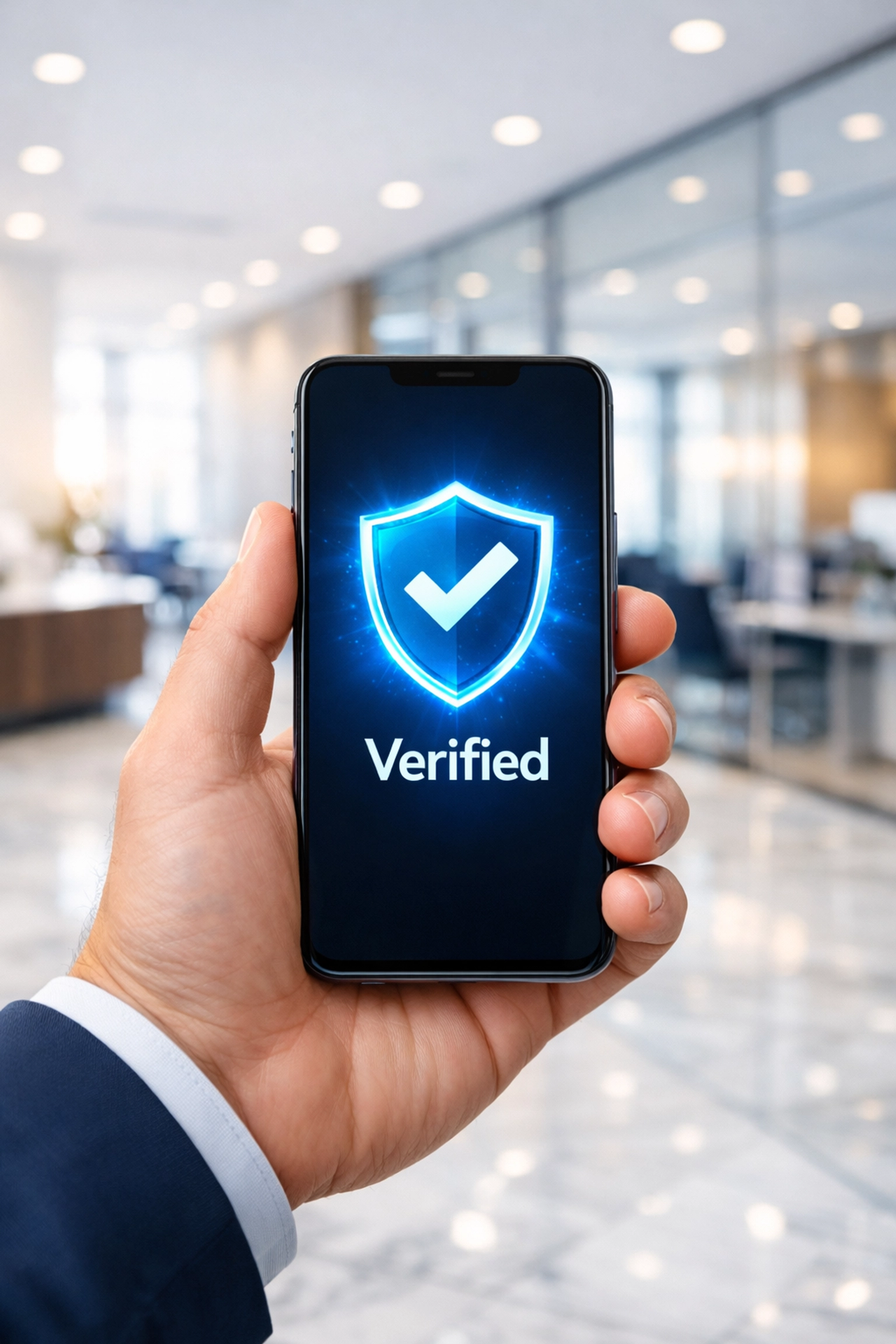 Smartphone showing a verified badge in a clean, modern commercial office lobby.
