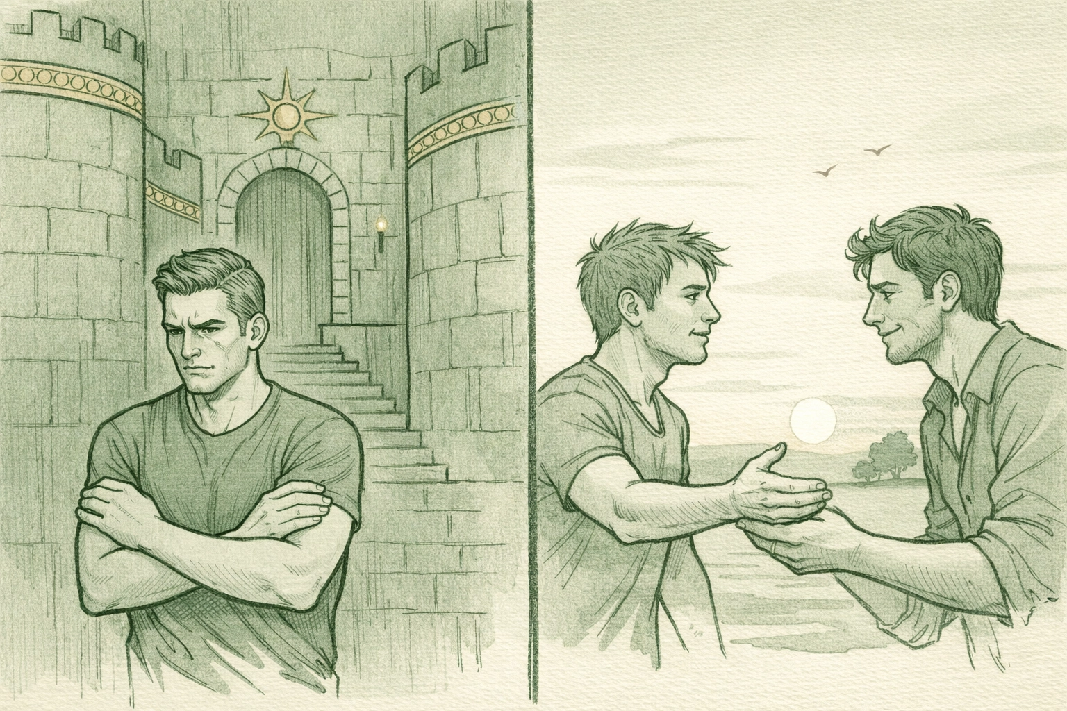 Gay romance contrast: isolated man in fortress versus two men connecting with vulnerability