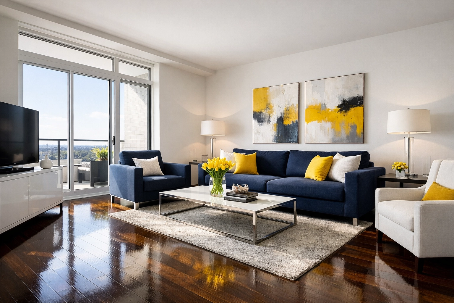 Clean modern apartment living room in Leominster MA with polished hardwood floors and tidy furniture.