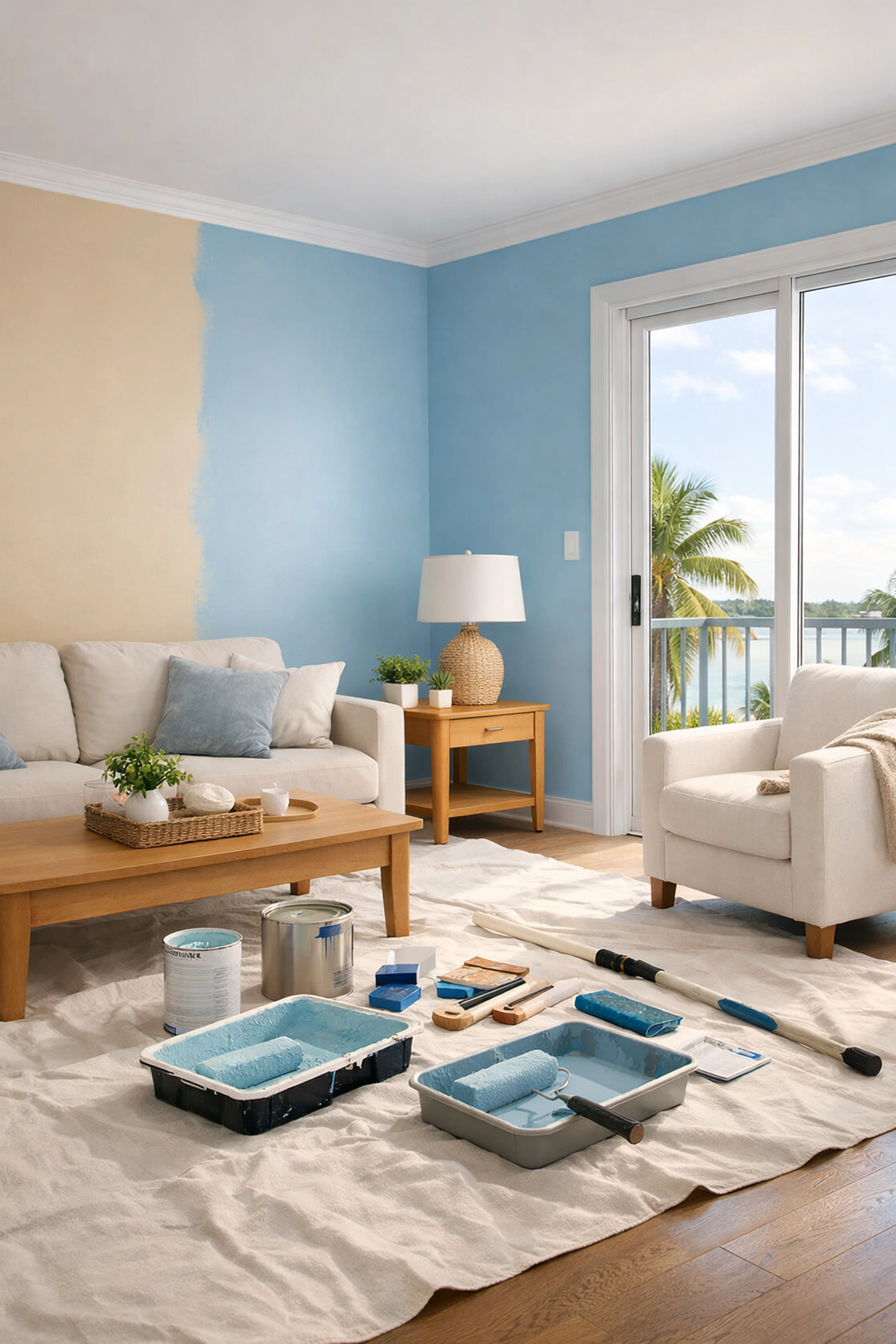 Interior painting Orlando transformation showing coastal blue painted walls in living room