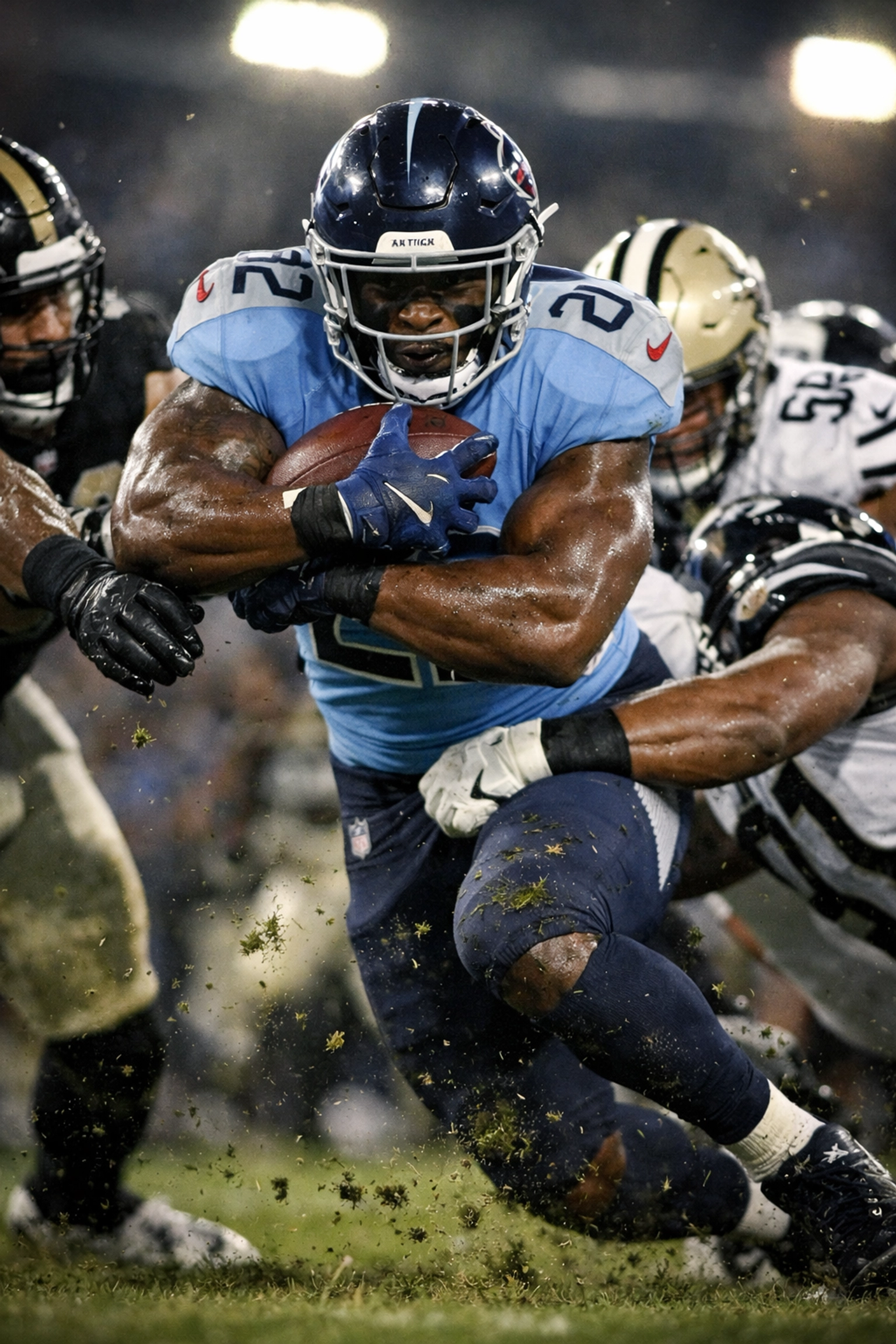 NFL running back breaking through defensive line with football during game action