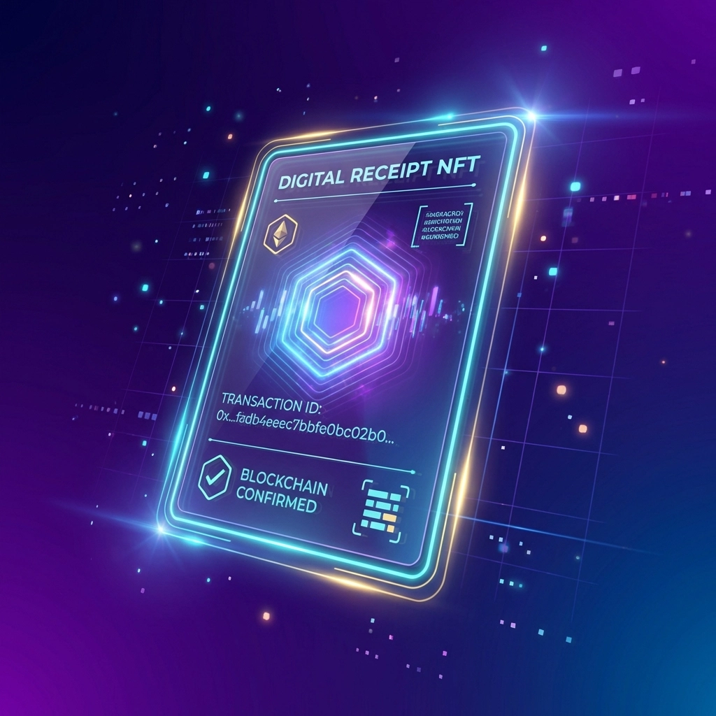 Glowing NFT receipt illustrating secure blockchain transaction records for crypto payments and Web3 accounting.