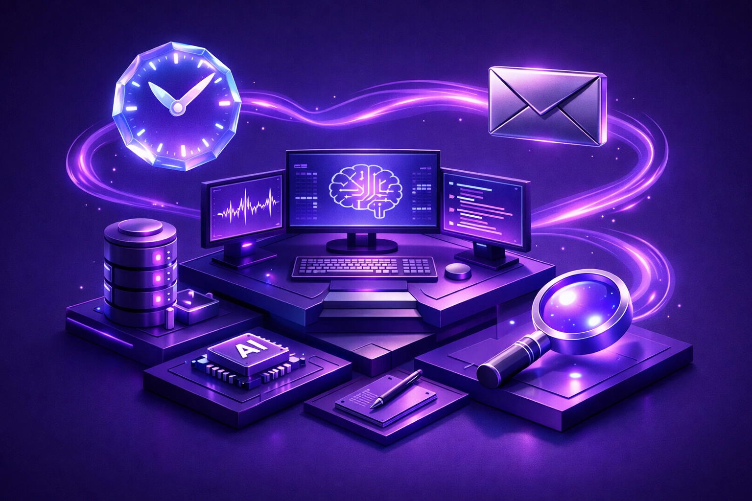 A digital command center with floating icons illustrating AI operational efficiency across different apps.